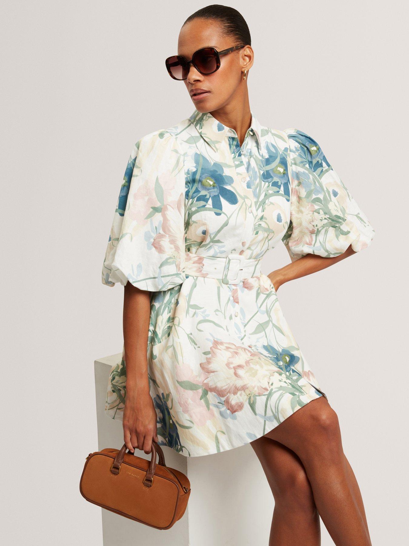 Image 1 of 7 of Ted Baker Puff Sleeve Printed Mini Shirt Dress - Cream