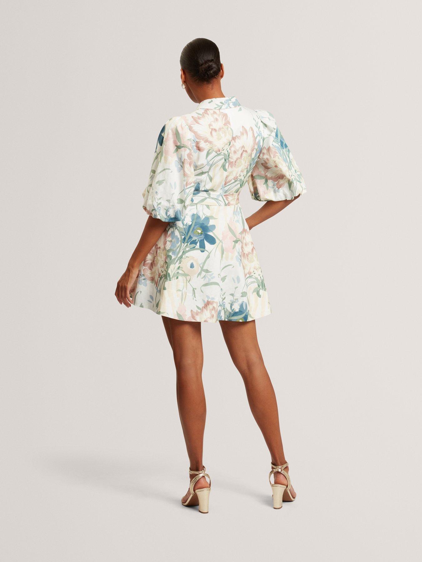 Image 2 of 7 of Ted Baker Puff Sleeve Printed Mini Shirt Dress - Cream