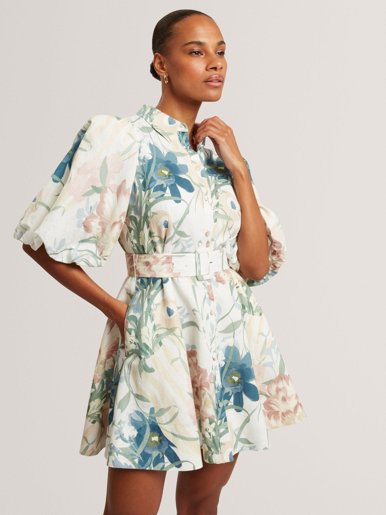 Image 4 of 7 of Ted Baker Puff Sleeve Printed Mini Shirt Dress - Cream