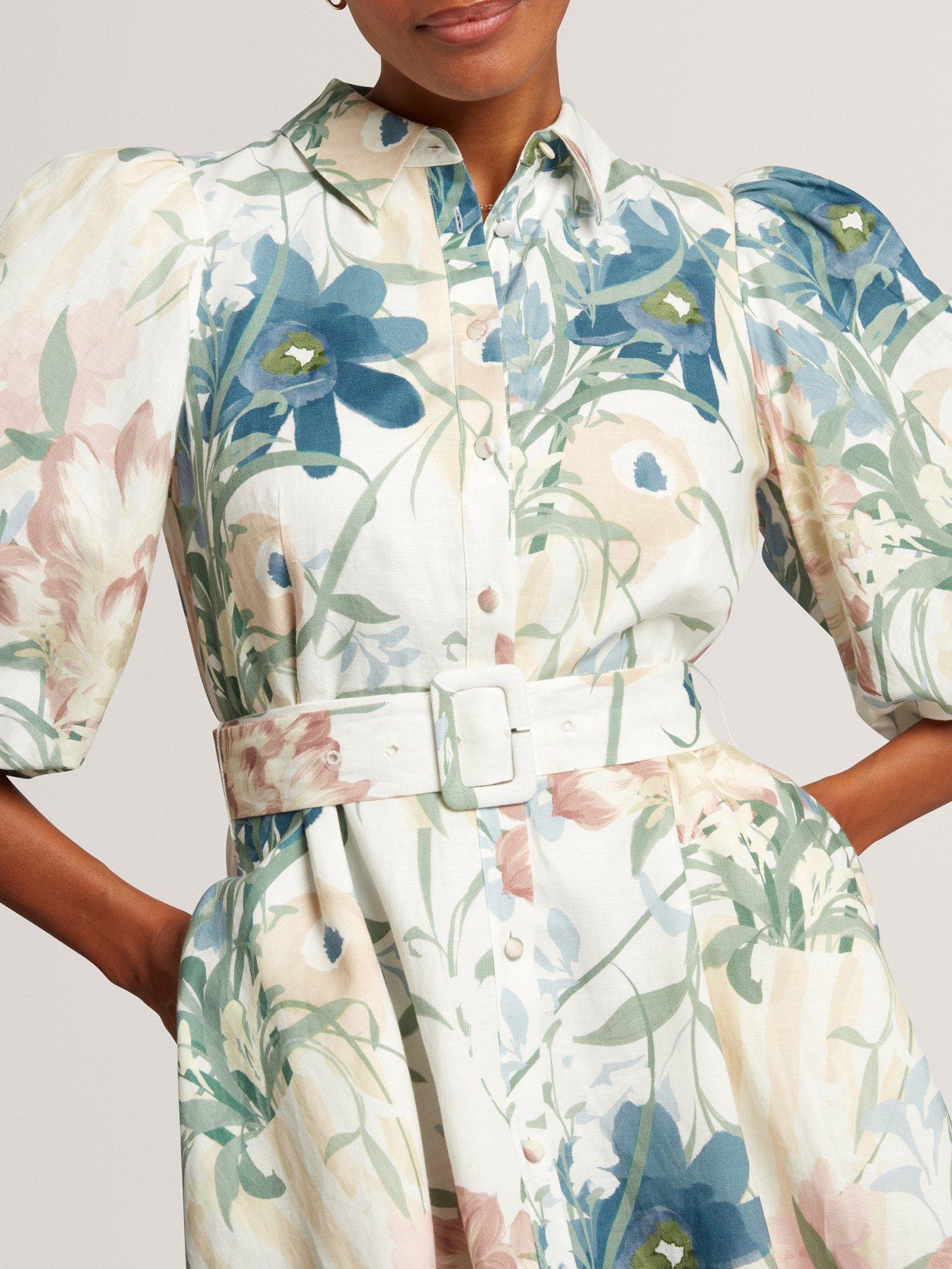 Image 5 of 7 of Ted Baker Puff Sleeve Printed Mini Shirt Dress - Cream