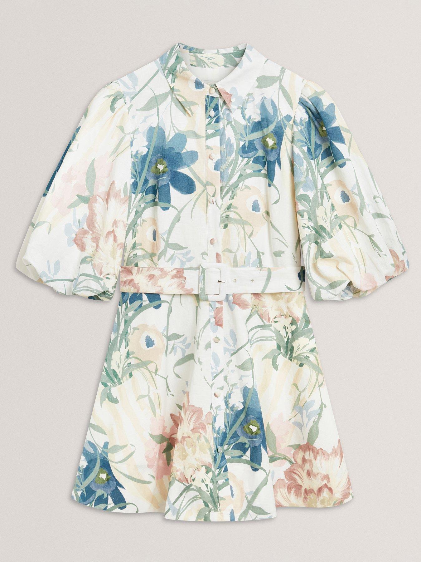 Image 7 of 7 of Ted Baker Puff Sleeve Printed Mini Shirt Dress - Cream