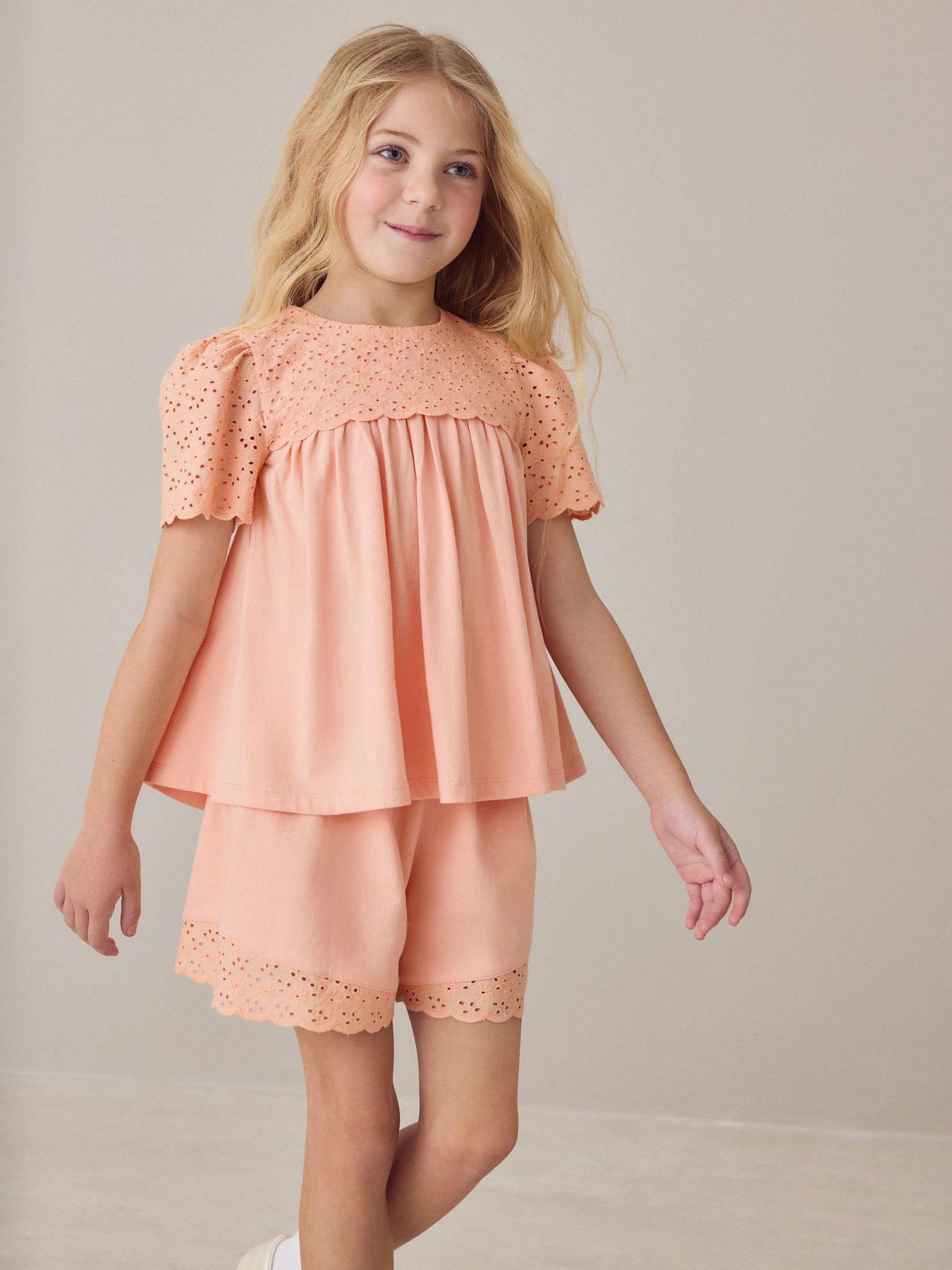 Laura Ashley Girls Broderie Short Sleeve Top  &  Shorts Set - Orange