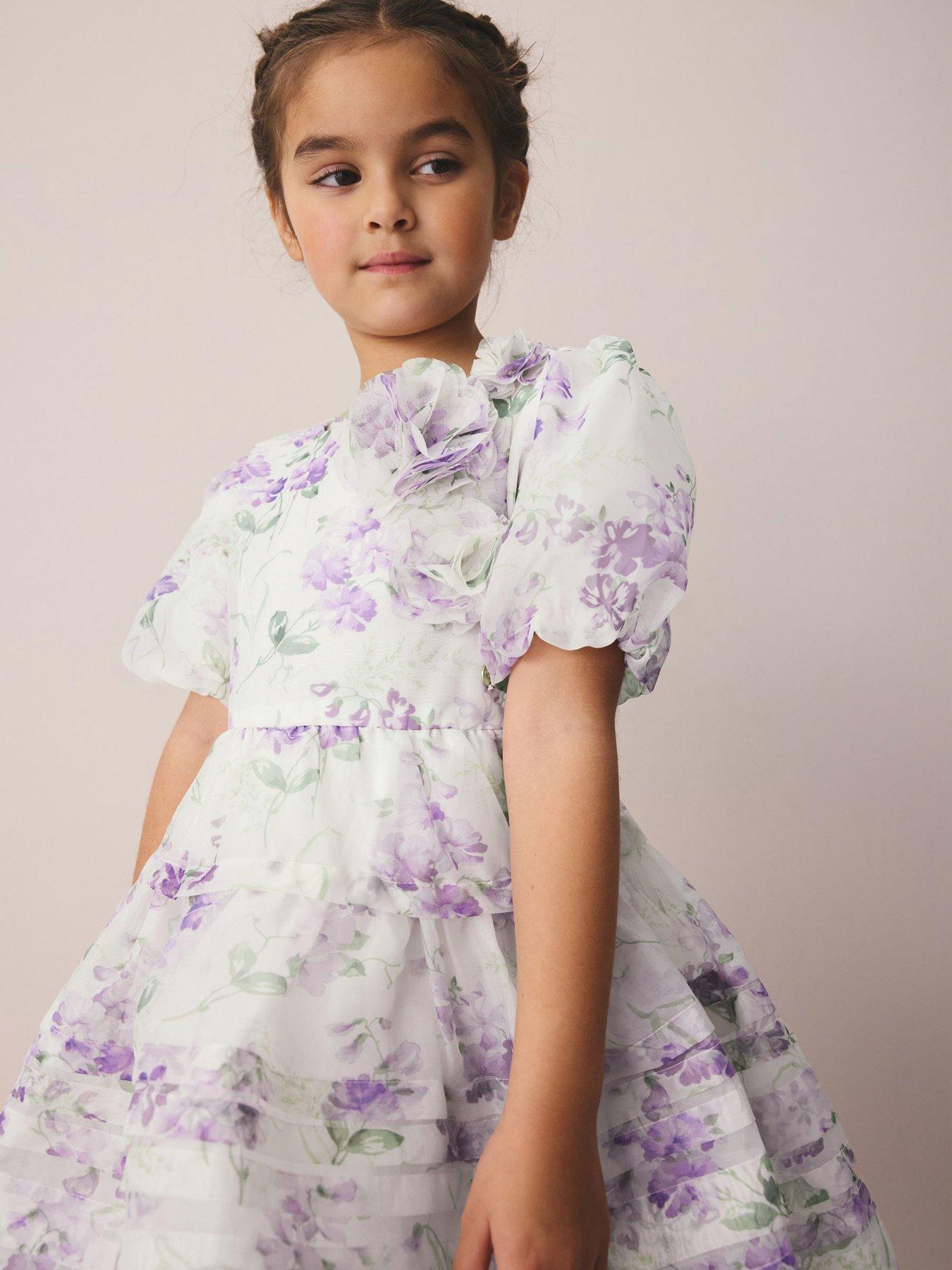 Image 1 of 7 of Laura Ashley Older Girls Corsage Floral Occasion Dress - White/Purple