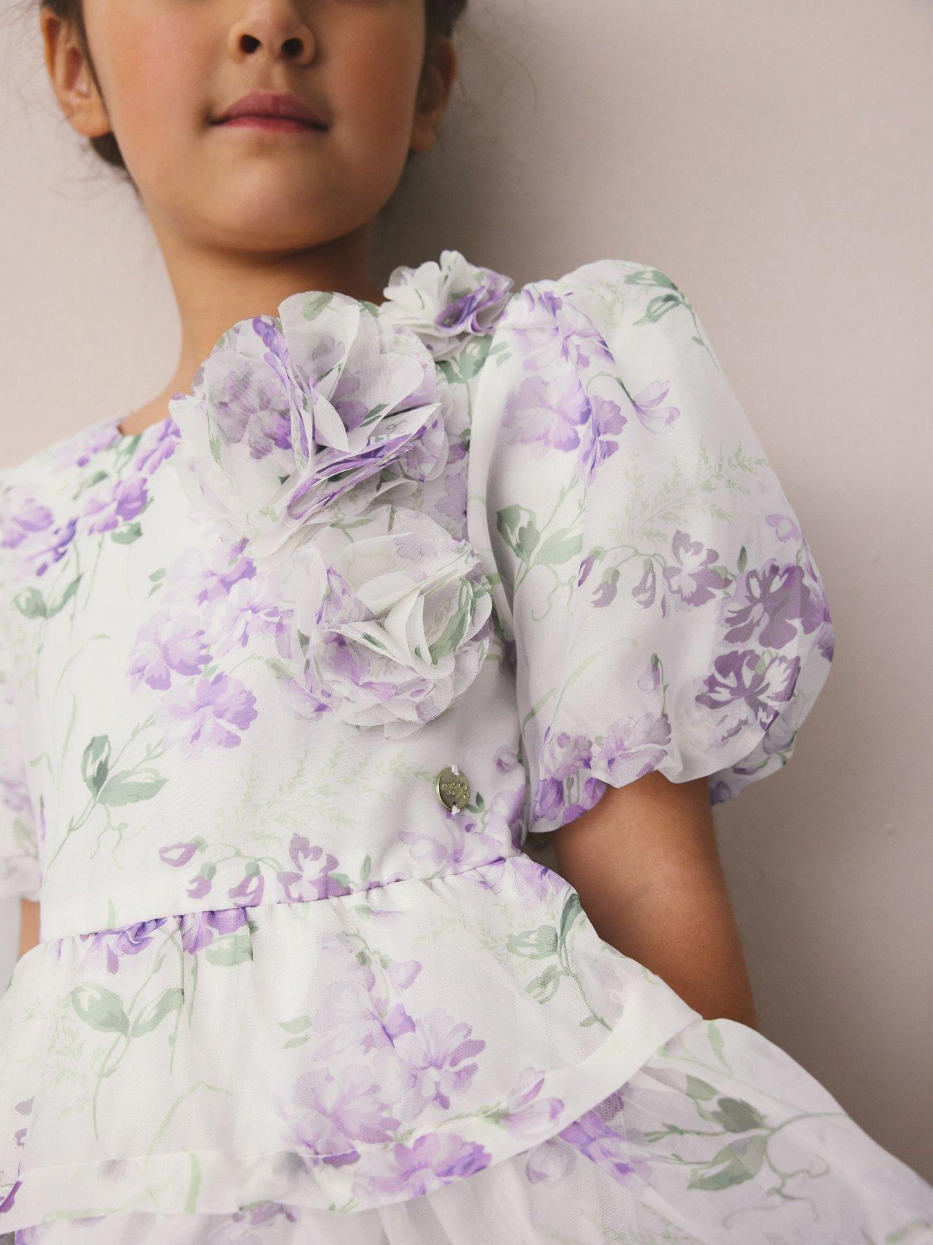 Image 7 of 7 of Laura Ashley Older Girls Corsage Floral Occasion Dress - White/Purple