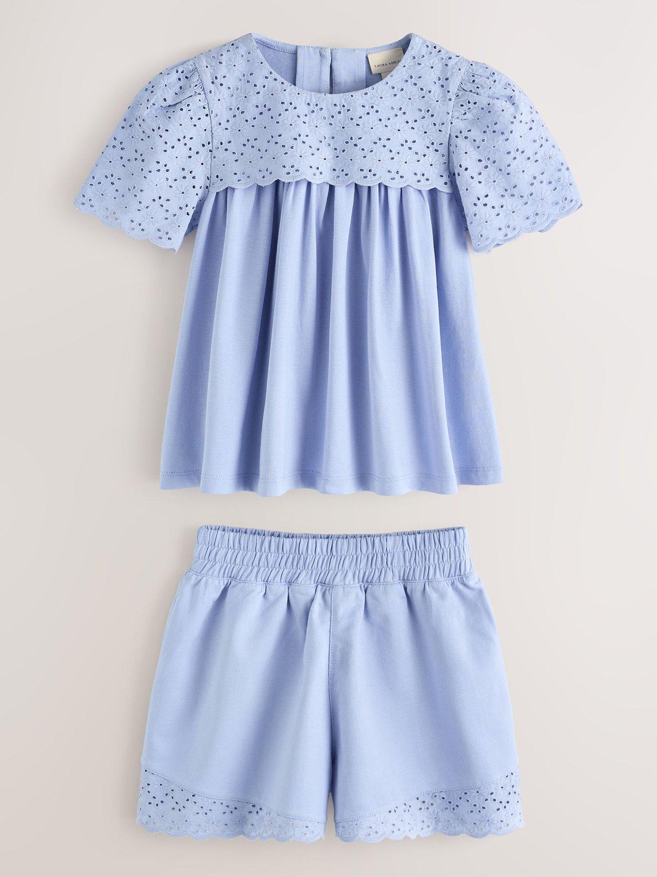 Laura Ashley Girls Broderie Short Sleeve Short Set - Blue
