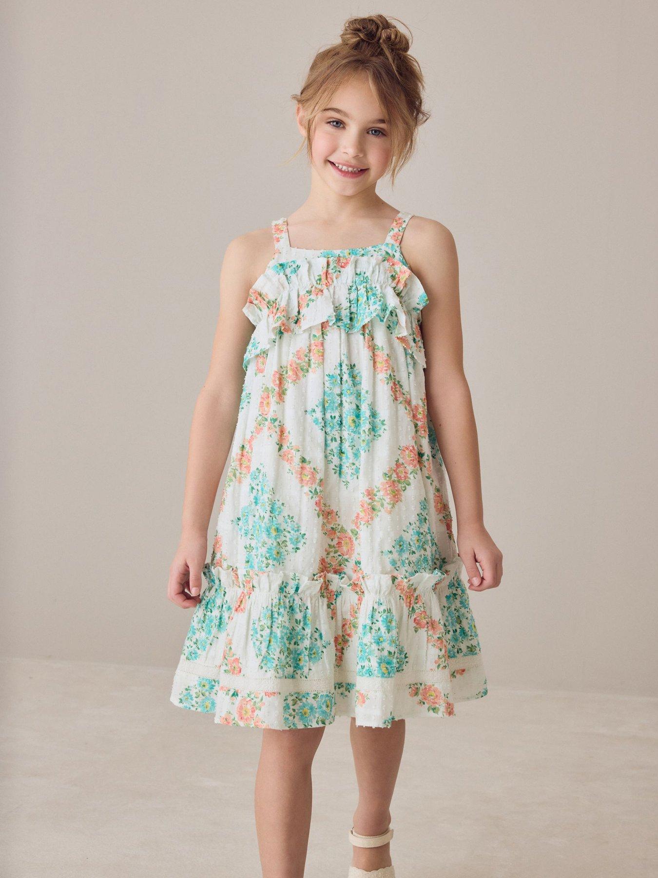 Laura Ashley Girls Frill Print Summer Dress - White - Multi