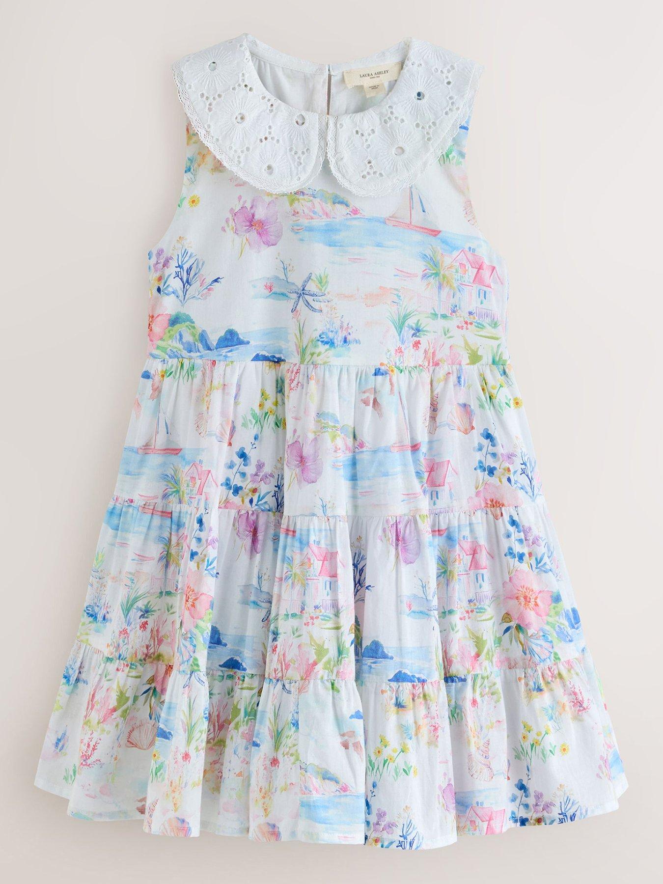 Laura Ashley Girls Print Sleeveless Collar Dress - Blue