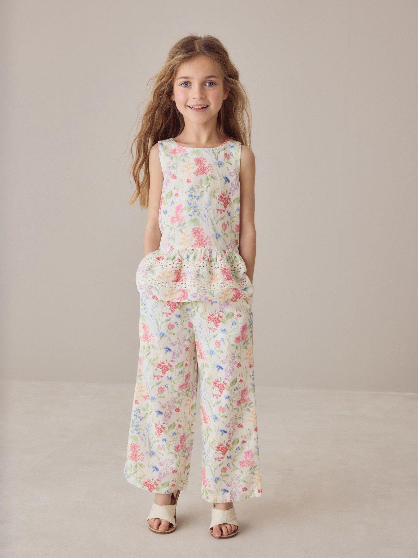 Image 1 of 7 of Laura Ashley Girls Wide Leg Peplum Floral Top Set - White