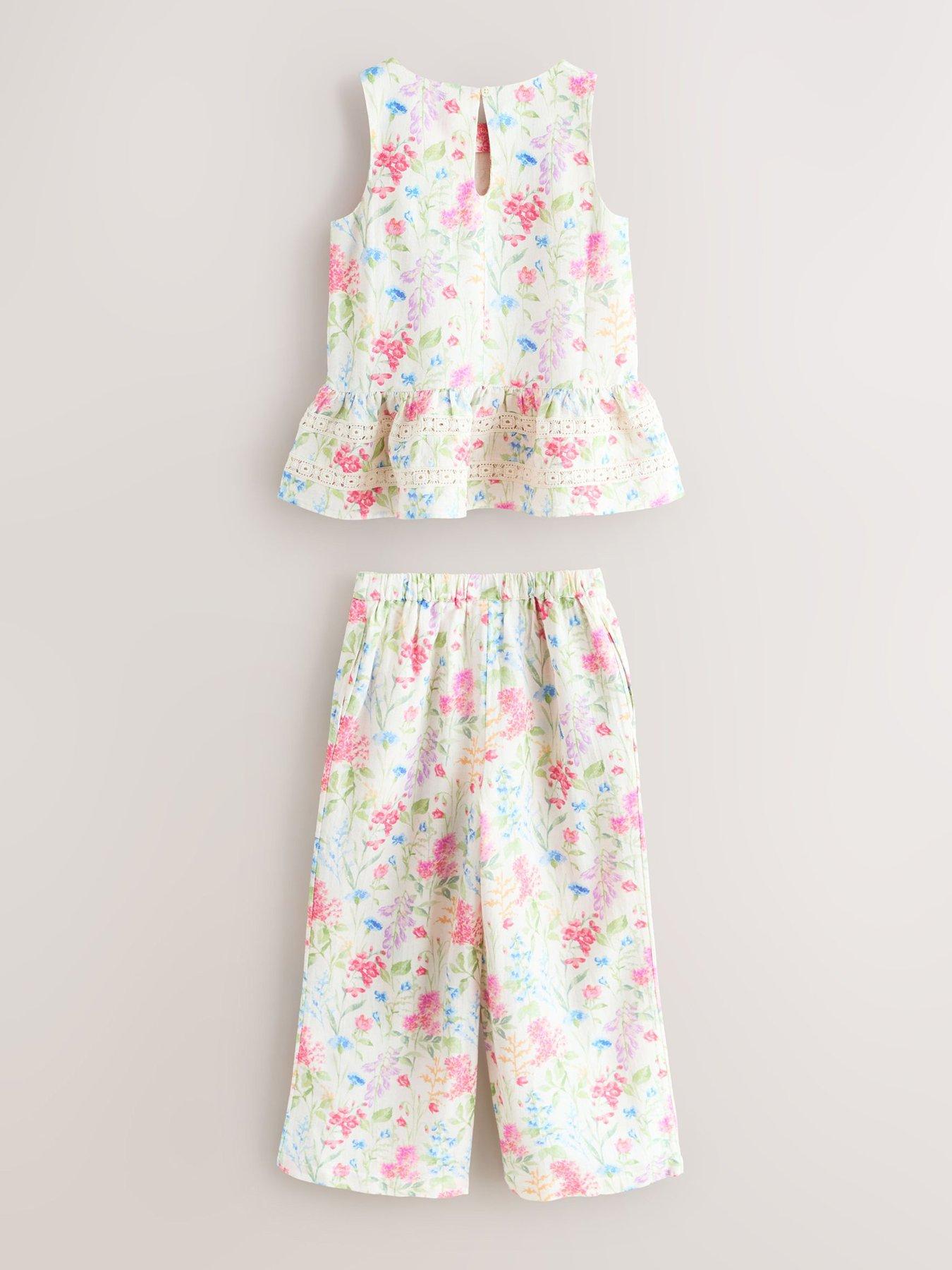 Image 2 of 7 of Laura Ashley Girls Wide Leg Peplum Floral Top Set - White