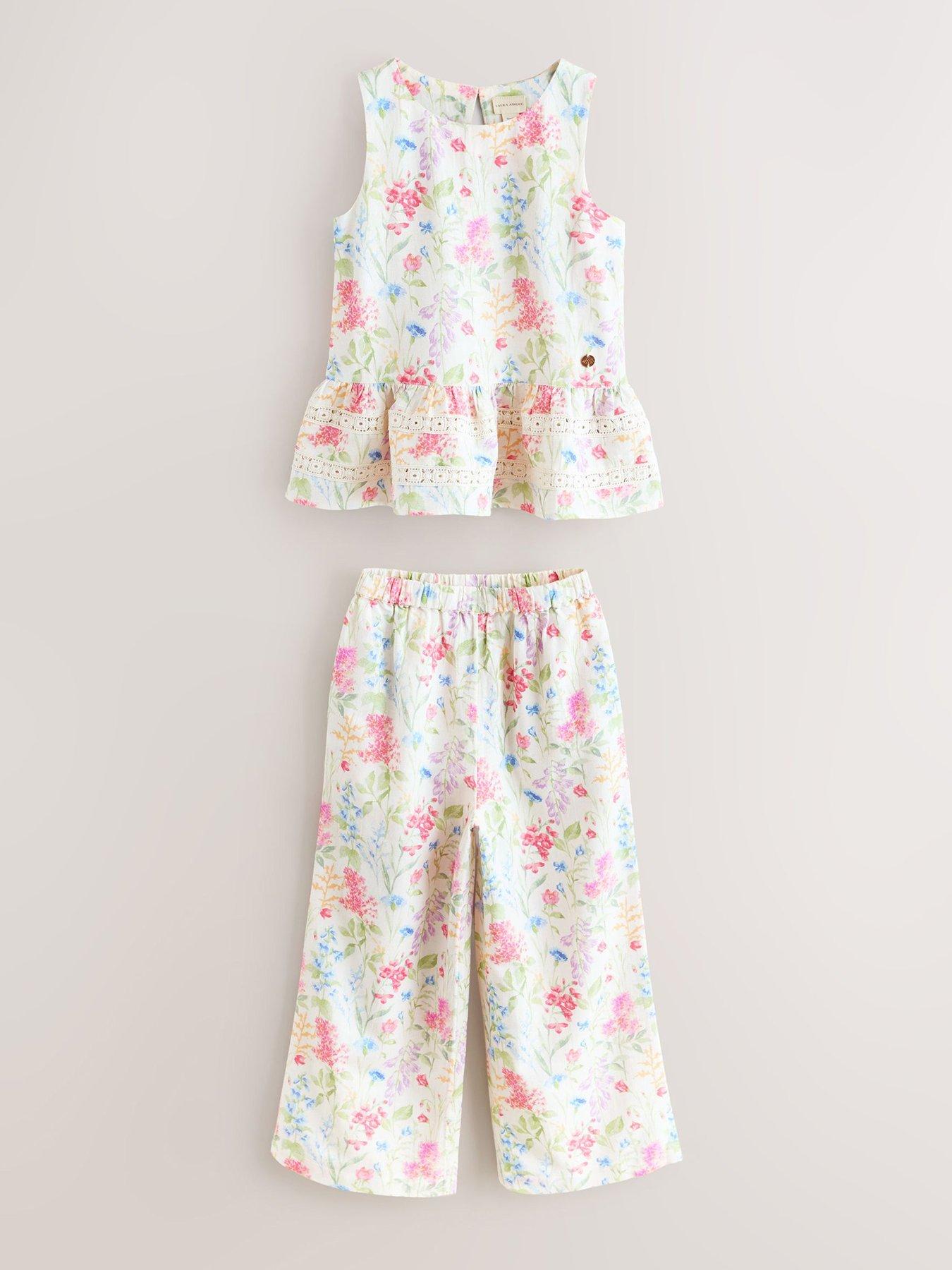 Image 3 of 7 of Laura Ashley Girls Wide Leg Peplum Floral Top Set - White