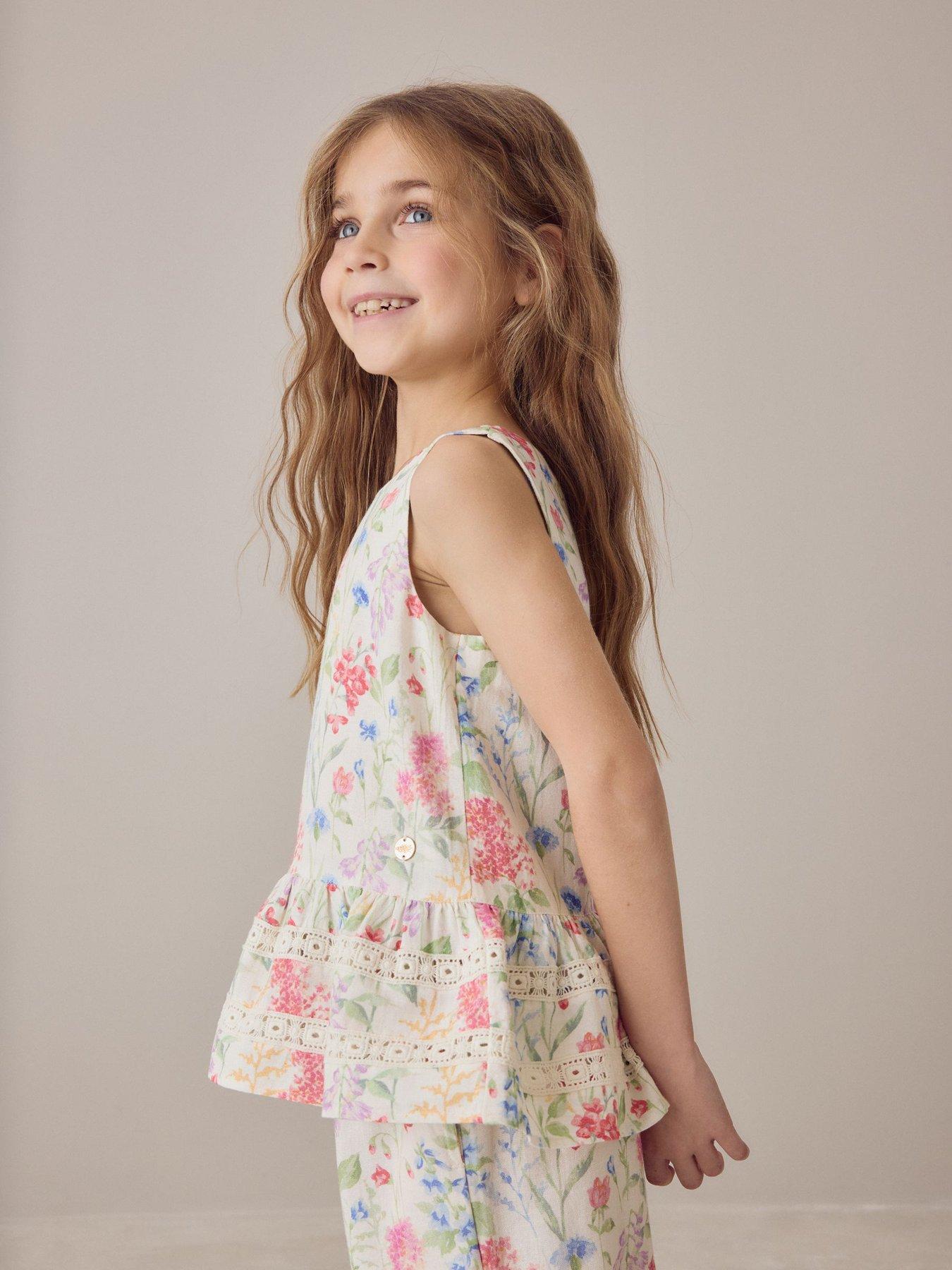 Image 6 of 7 of Laura Ashley Girls Wide Leg Peplum Floral Top Set - White