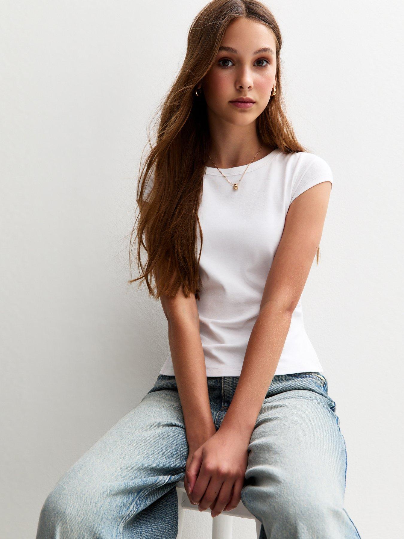 Image 4 of 5 of New Look 915 Girls Split Side Ruched Cap Sleeve Top - White