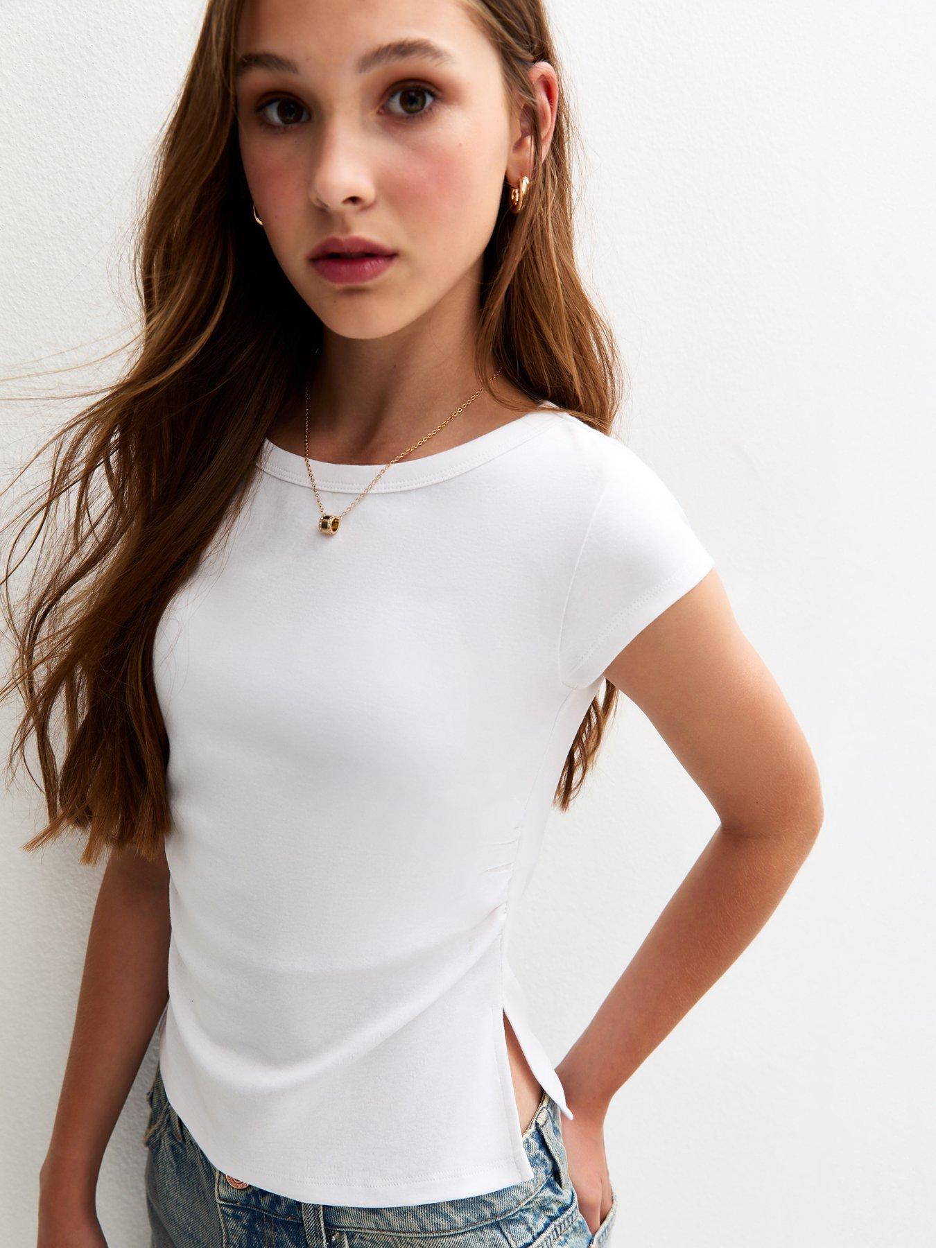 Image 5 of 5 of New Look 915 Girls Split Side Ruched Cap Sleeve Top - White
