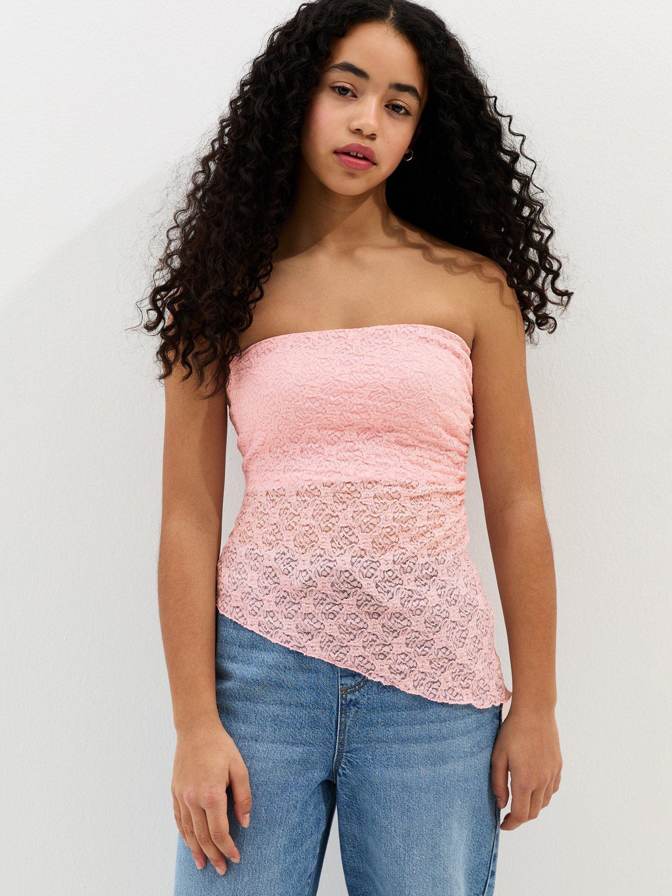 New Look 915 Girls Jersey Lace Asymmetric Bandeau Top - Light Pink