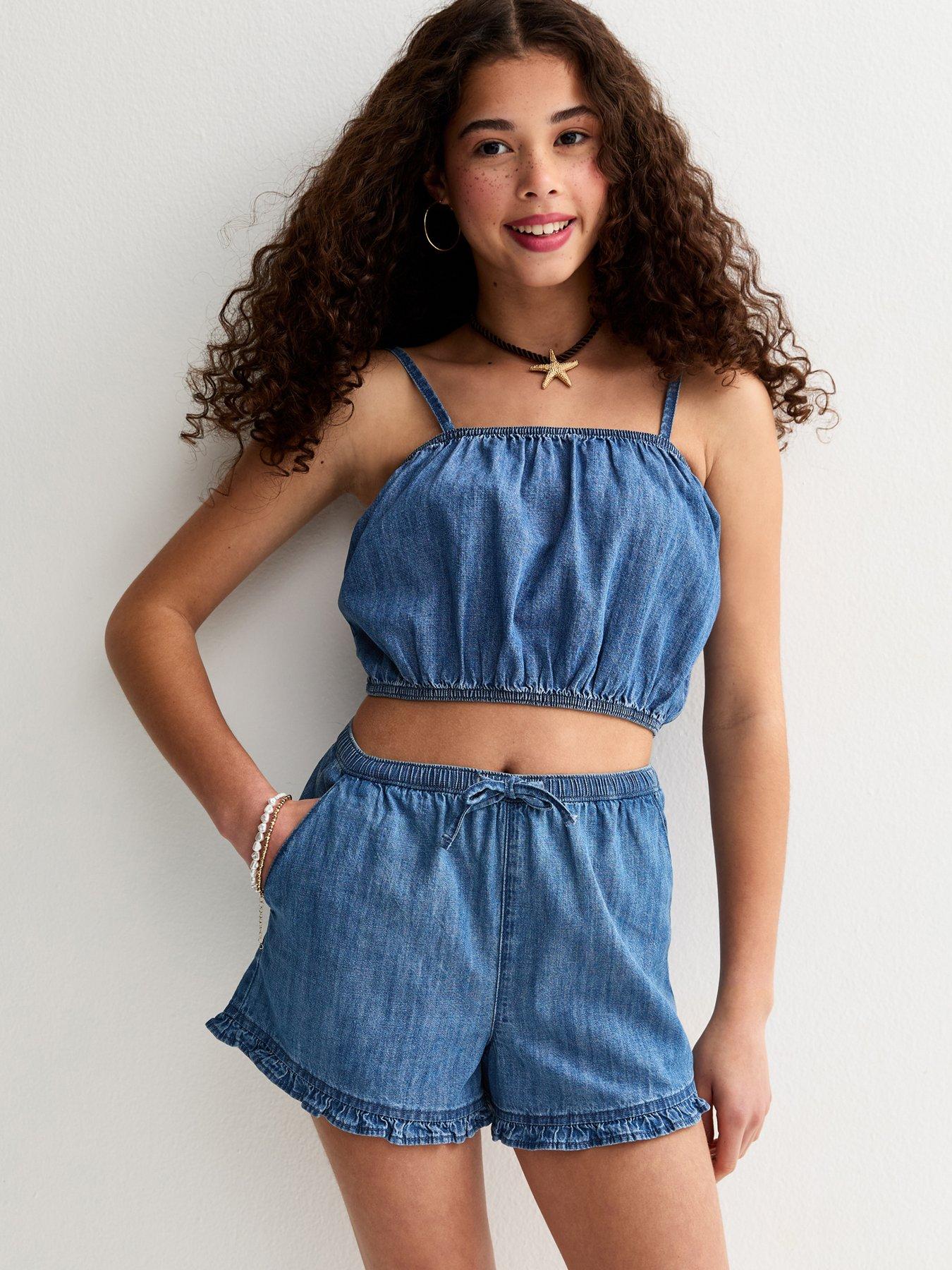 New Look 915 Girls Chambray Frill Shorts - Blue