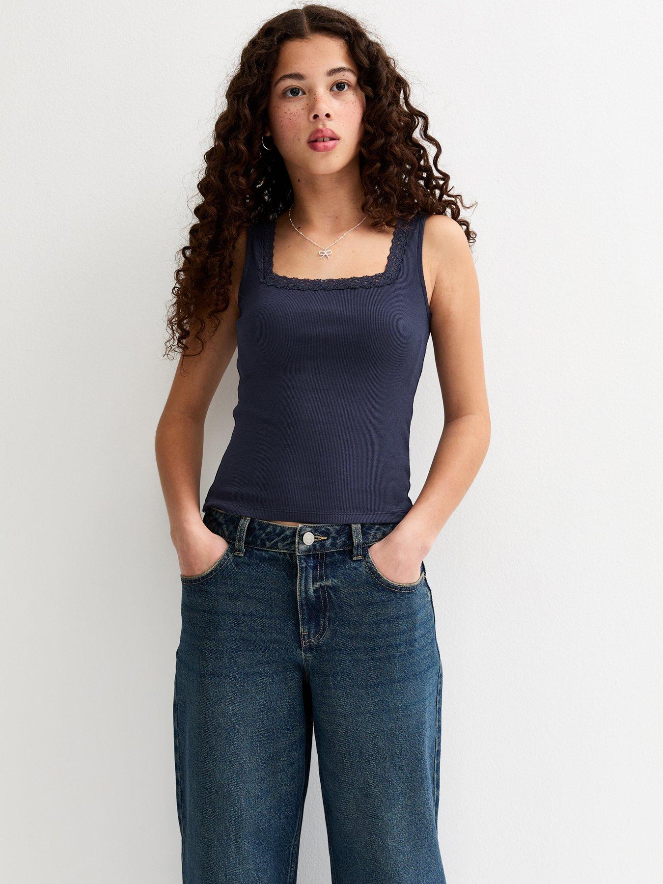 New Look 915 Girls Lace Trim Square Neck Vest Top - Navy