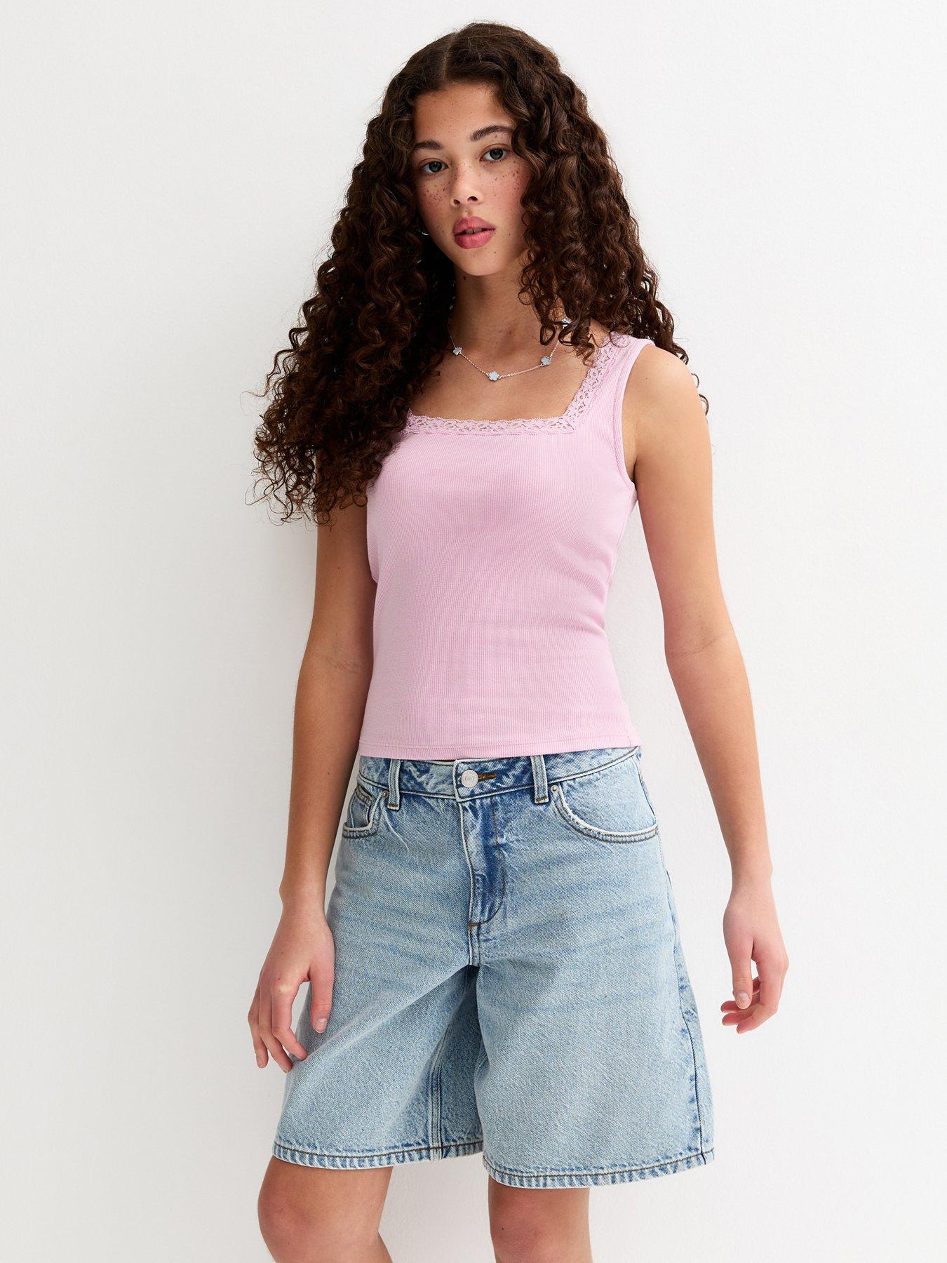 New Look 915 Girls Lace Trim Square Neck Vest Top - Light Pink