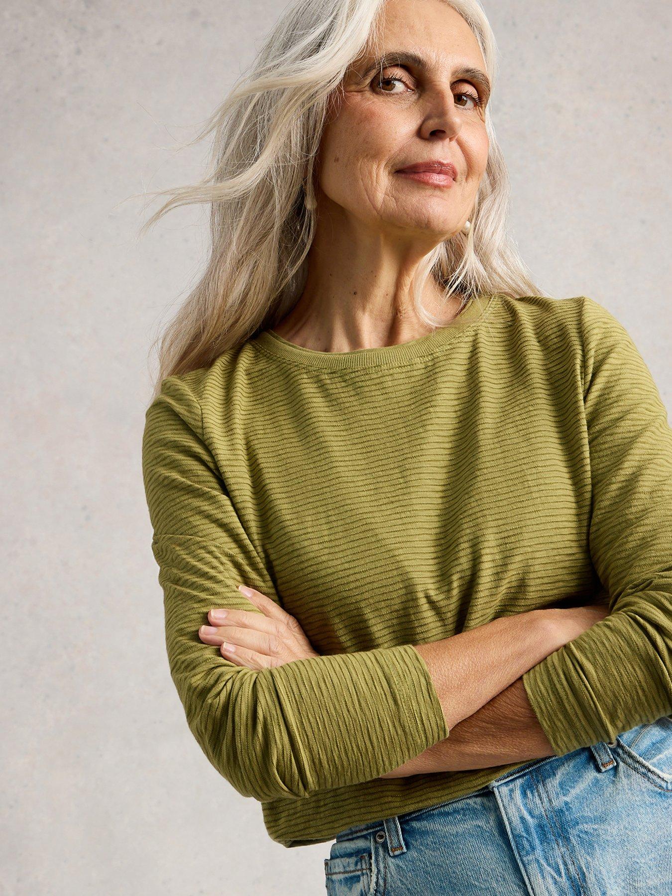 Image 1 of 6 of White Stuff Clara Texture Long Sleeve T-Shirt - Green