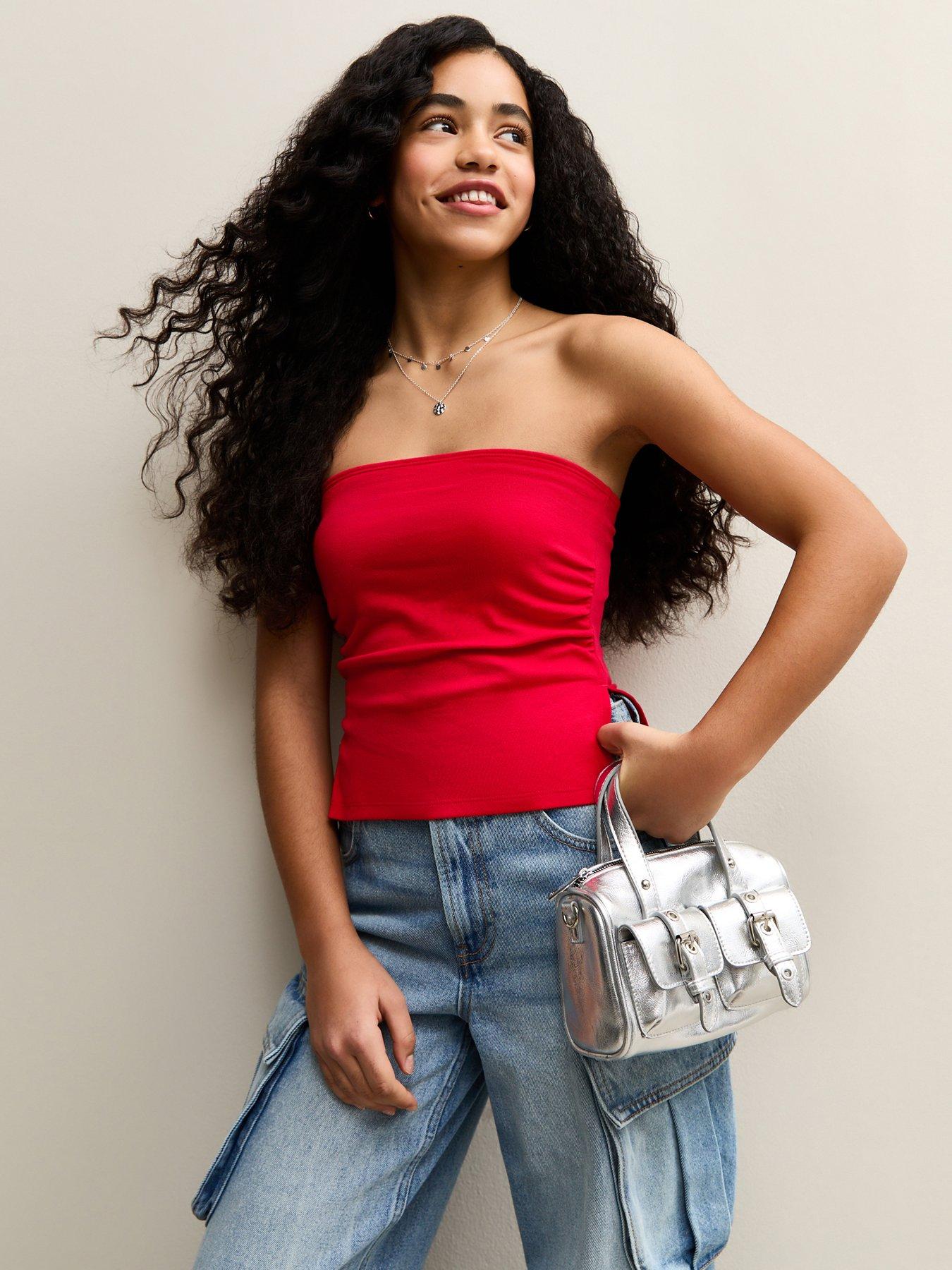 Image 1 of 5 of New Look 915 Girls Ruched Side Bandeau Top - Dark Red