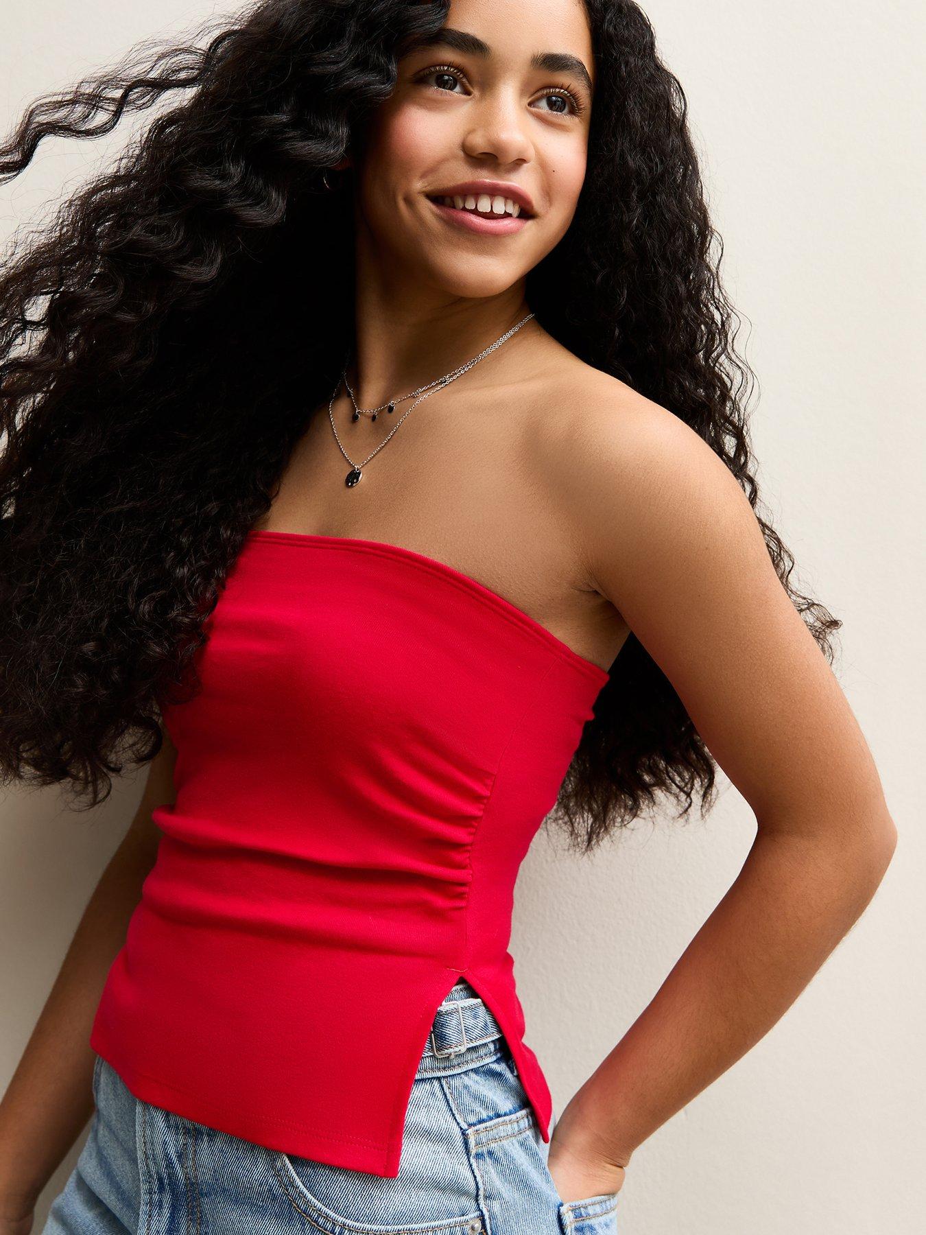 Image 4 of 5 of New Look 915 Girls Ruched Side Bandeau Top - Dark Red