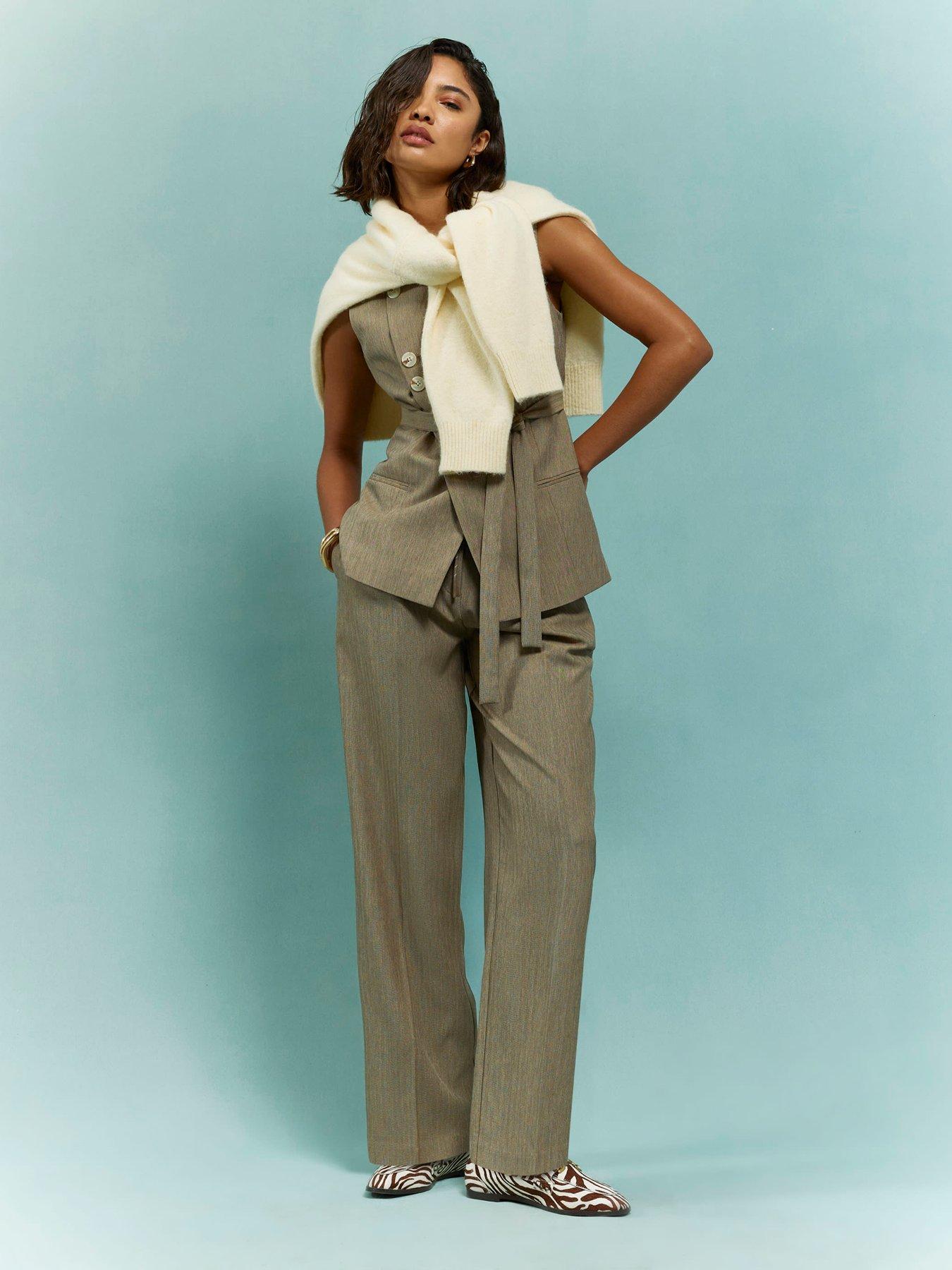 River Island Tie Detail Herringbone Trouser - Beige