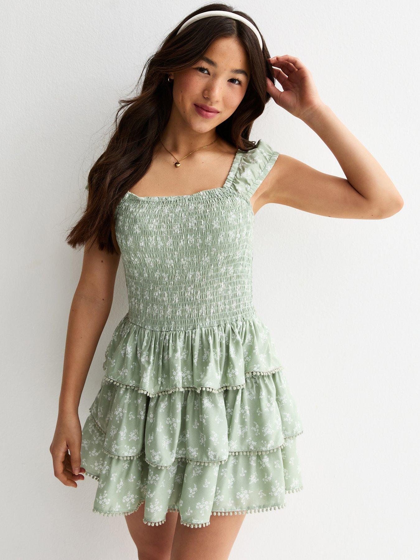 New Look 915 Girls Floral Shirred Rara Mini Dress - Green