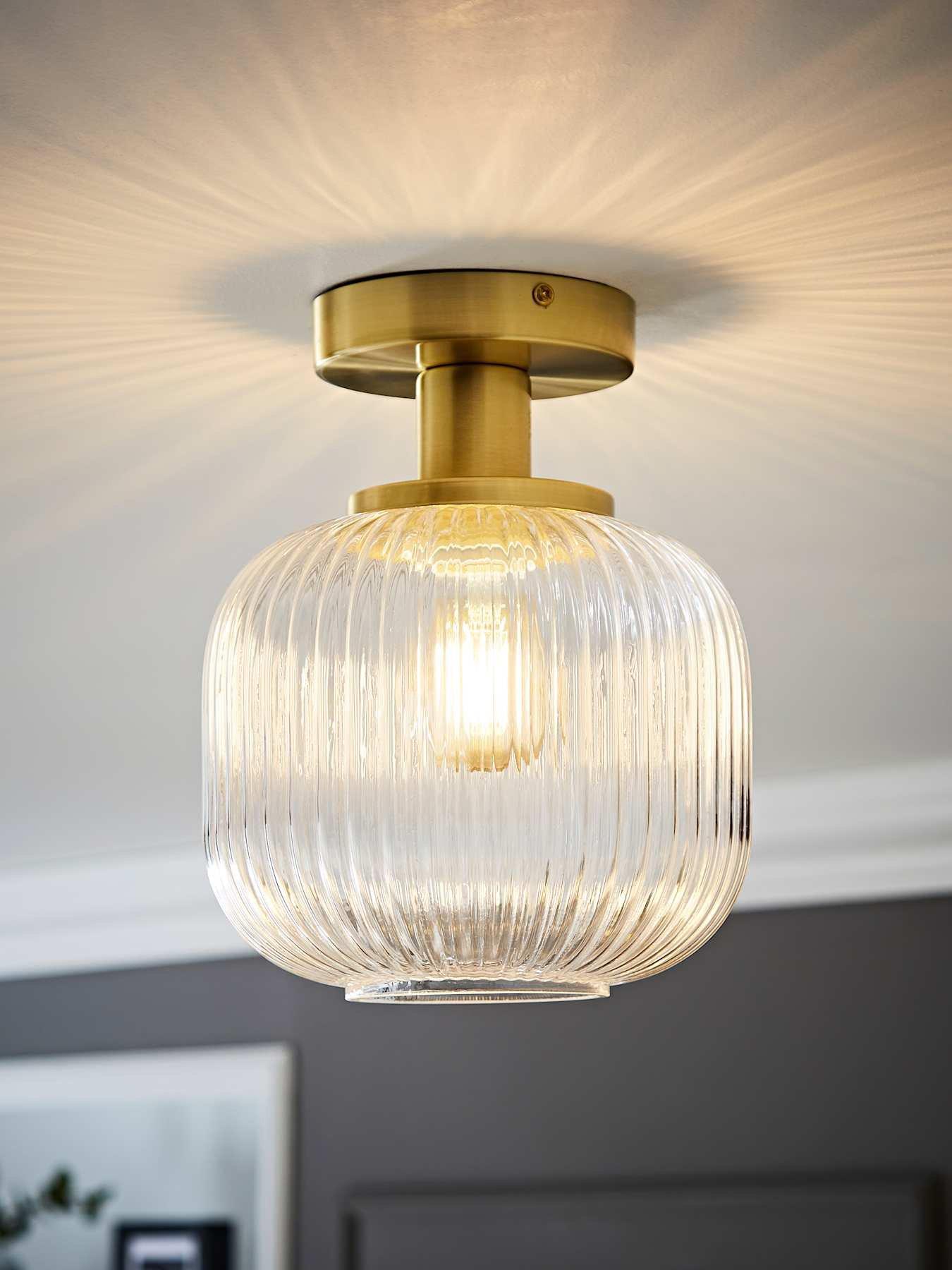ValueLights Calpe Gold Semi Flush Ceiling Light with Ribbed Clear Glass Shade