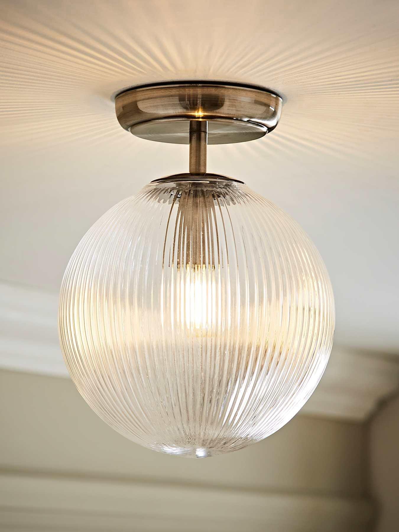 ValueLights Kempton Brushed Chrome Flush Ceiling Light with Ribbed Globe Shade