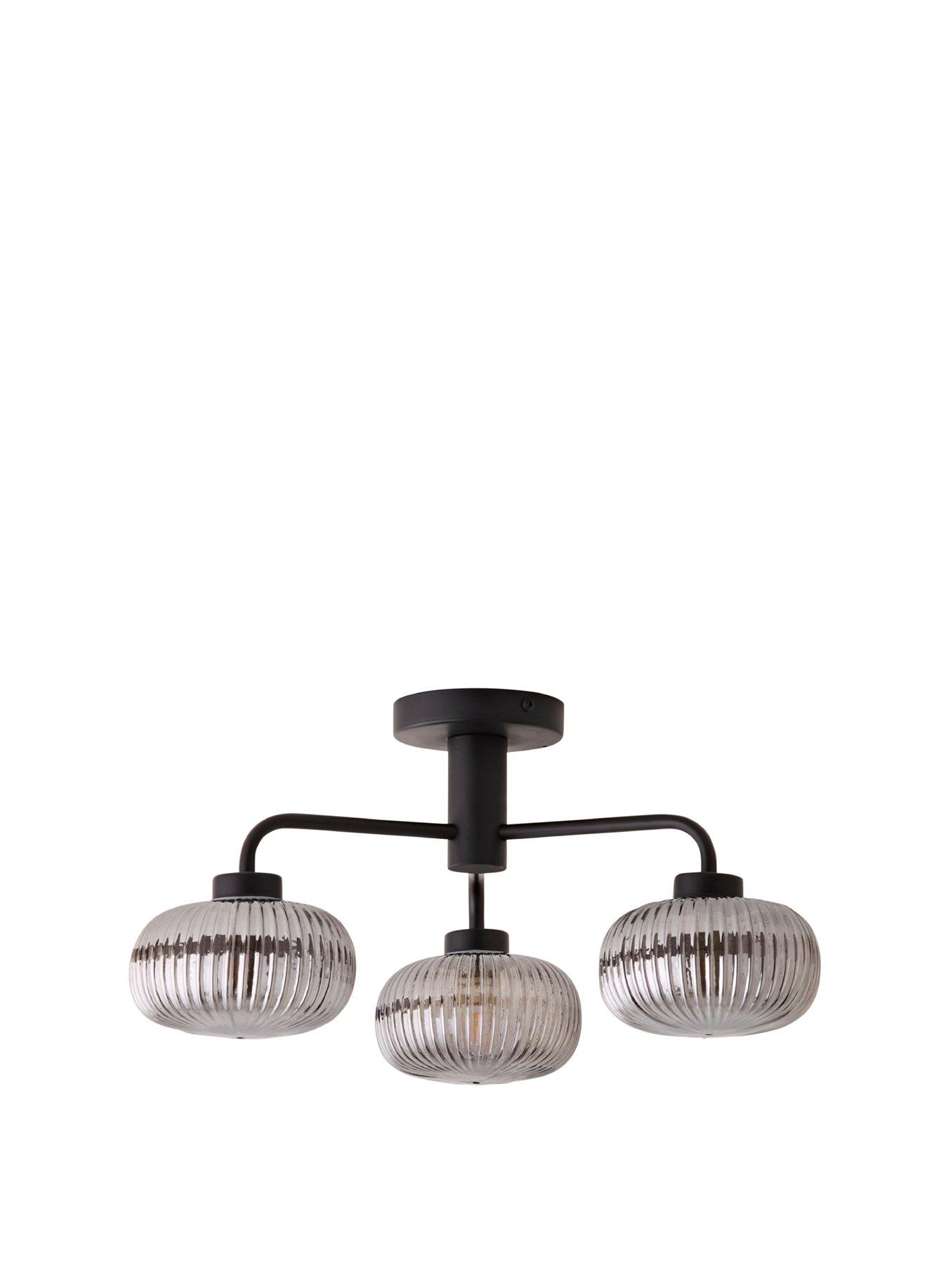 Image 2 of 6 of ValueLights Amaia Matte Black IP44 Rated 3 Way Smoked Ribbed Glass Ceiling Light