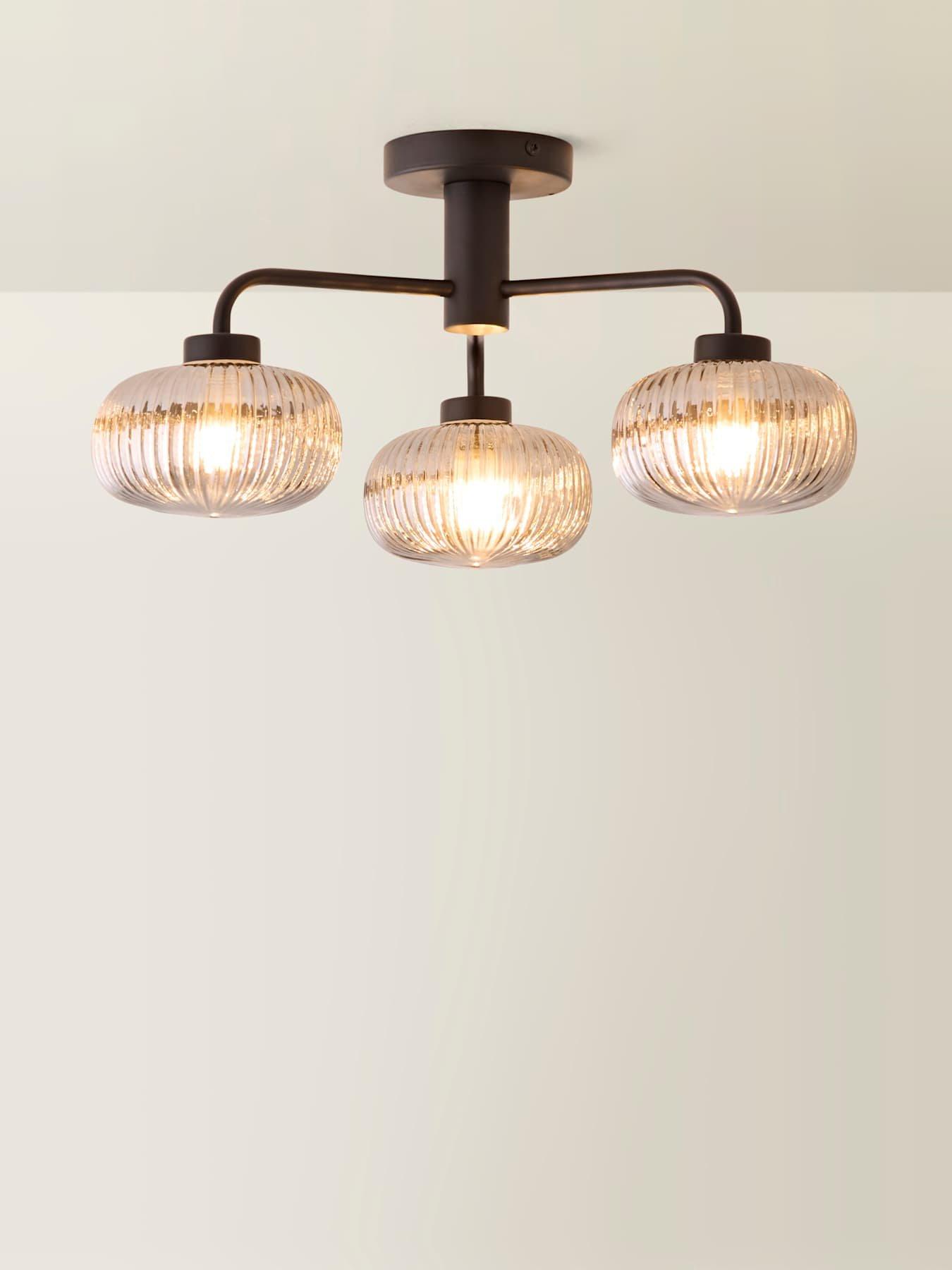 Image 6 of 6 of ValueLights Amaia Matte Black IP44 Rated 3 Way Smoked Ribbed Glass Ceiling Light
