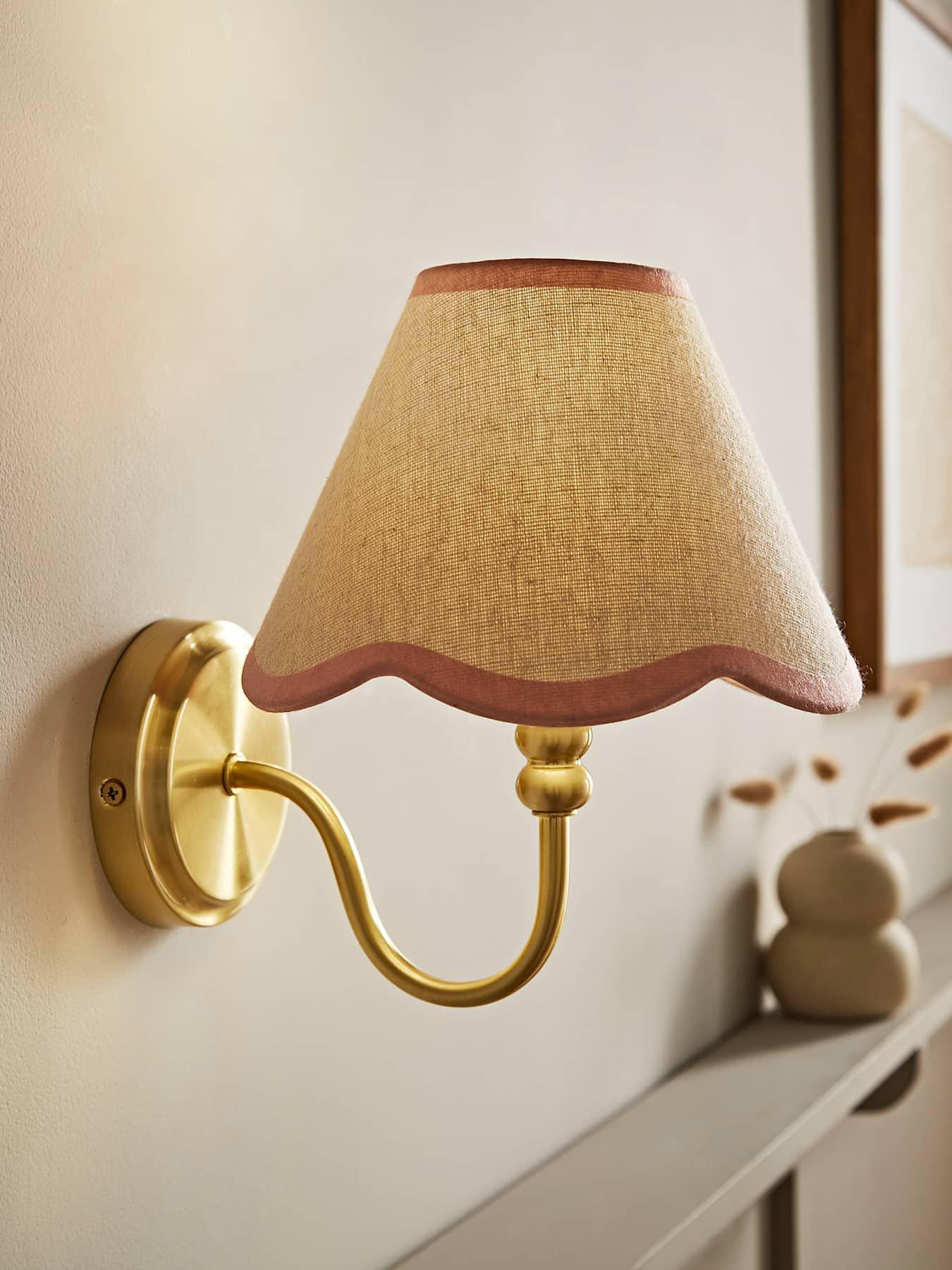 ValueLights Binky Rechargeable Brushed Gold Wall Light with Pink Trim Scallop Shade