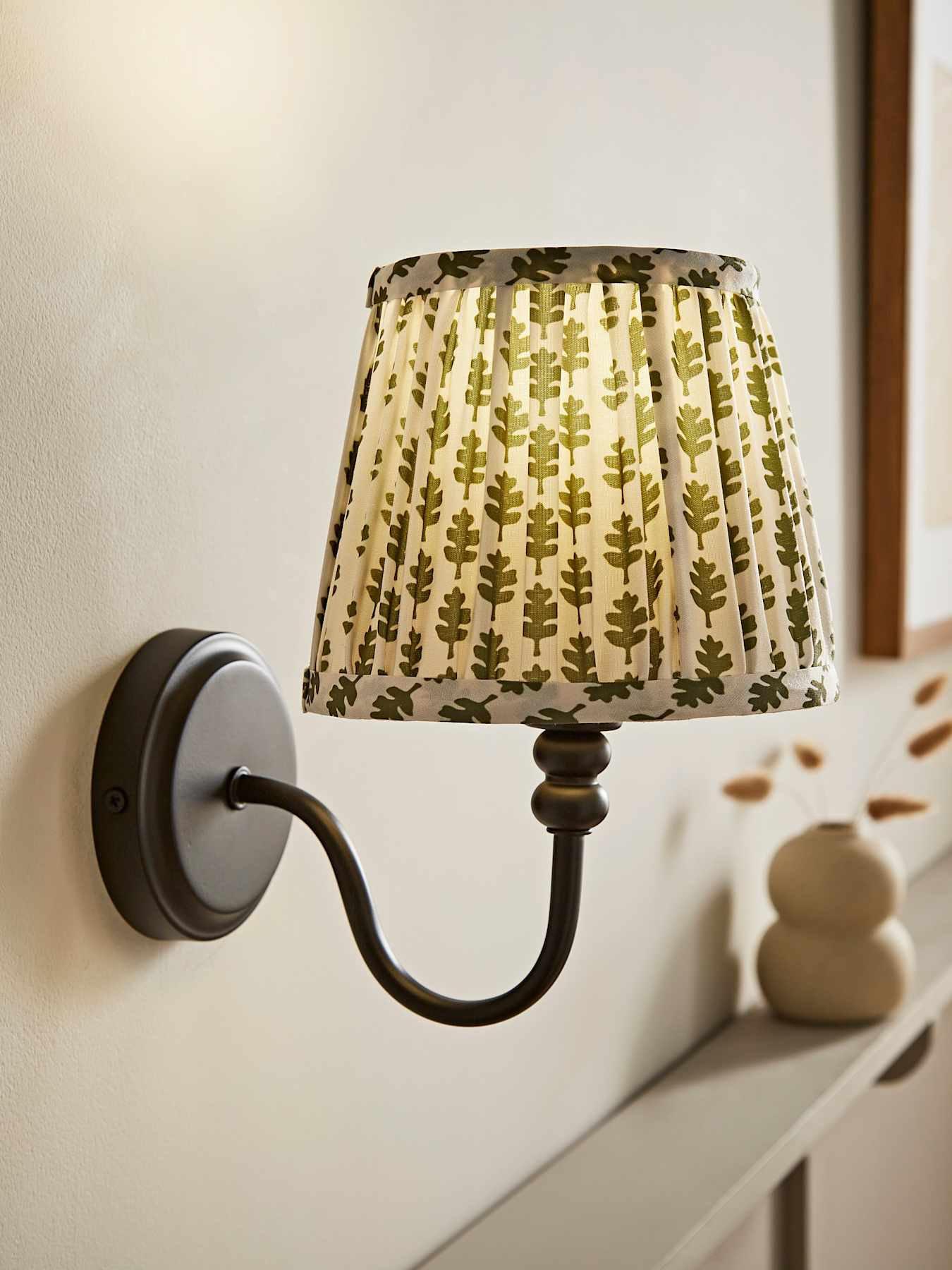 ValueLights Binky Rechargeable Black Wall Light with Green Floral Pleated Shade