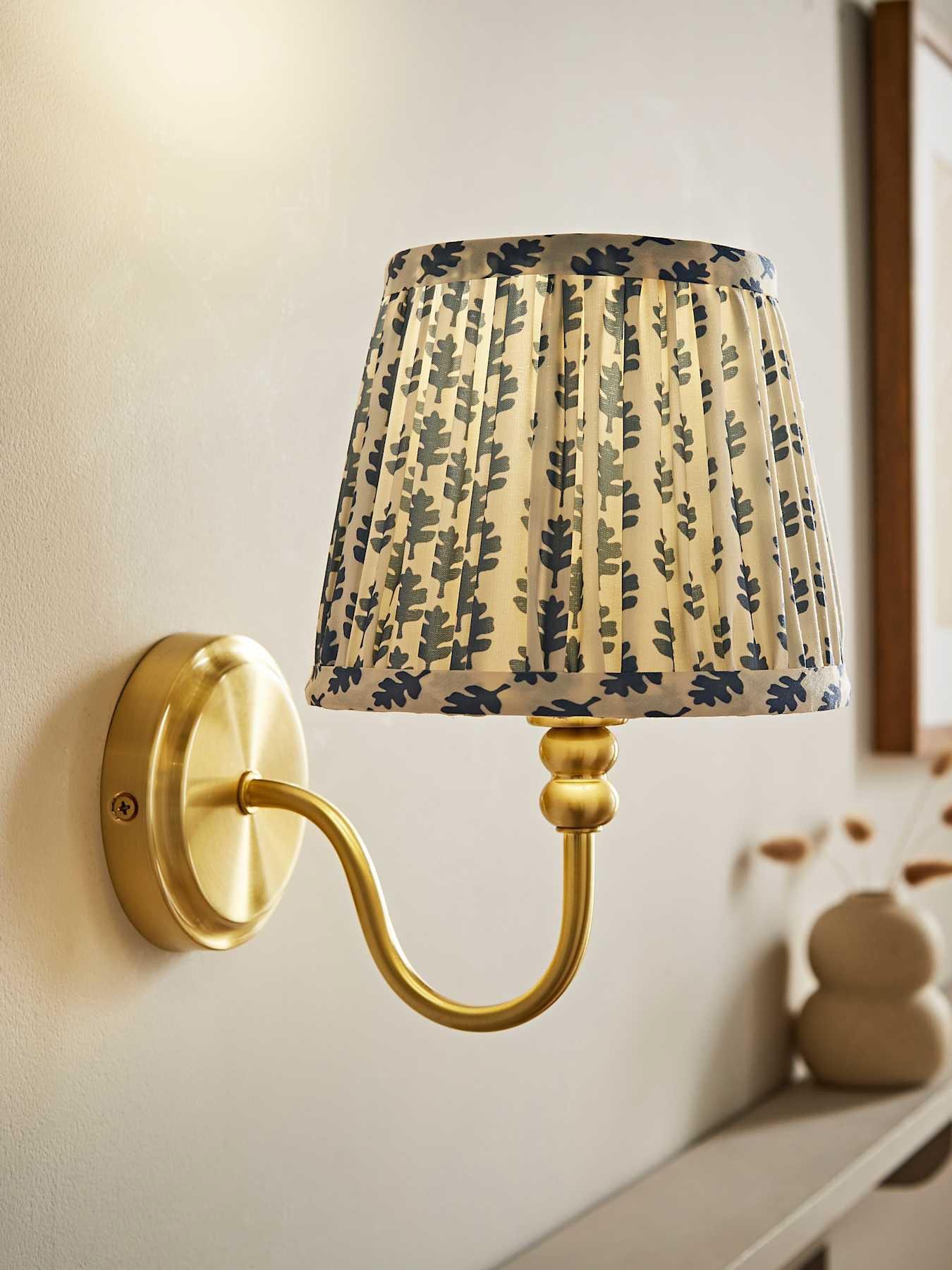 ValueLights Binky Rechargeable Brushed Gold Wall Light with Blue Floral Pleated Shade