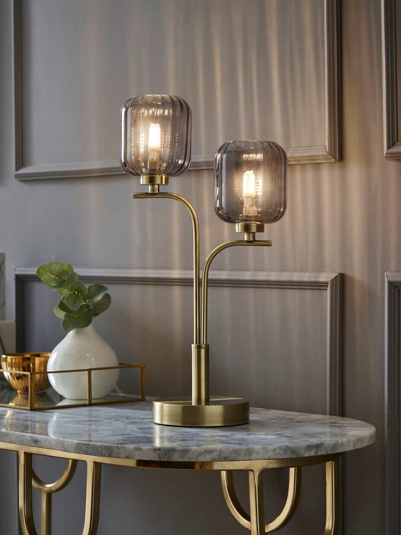 ValueLights Amelie Gold 2 Way Table Lamp with Smoked Ribbed Glass Shades