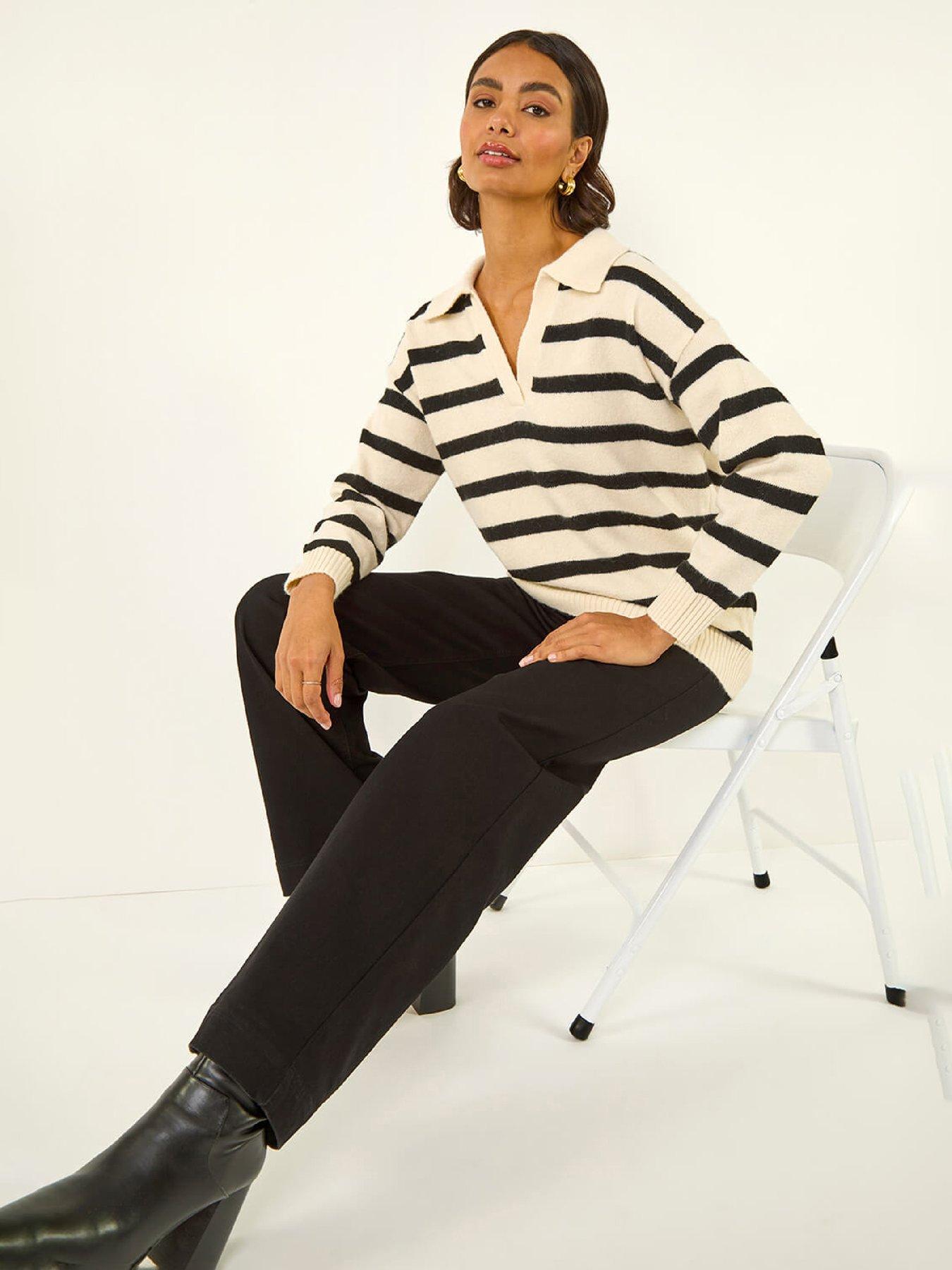 Roman Collar Stripe Knit Jumper - Stone