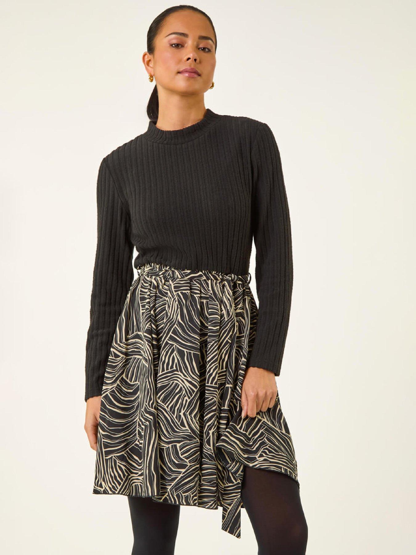 Roman Petite Animal Print Tie Front Knit Dress - Black