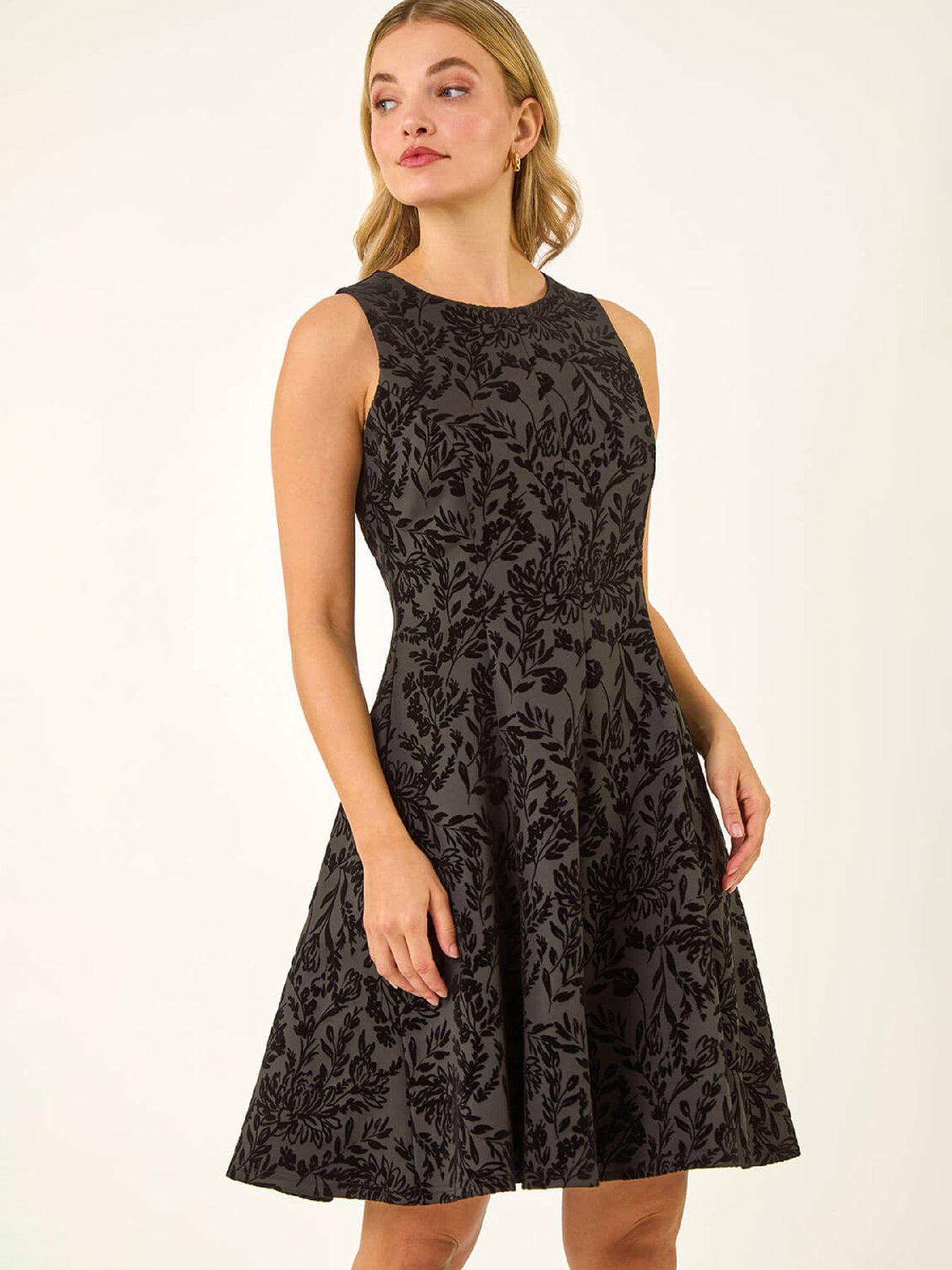 Roman Dusk Flocked Premium Stretch Dress - Black