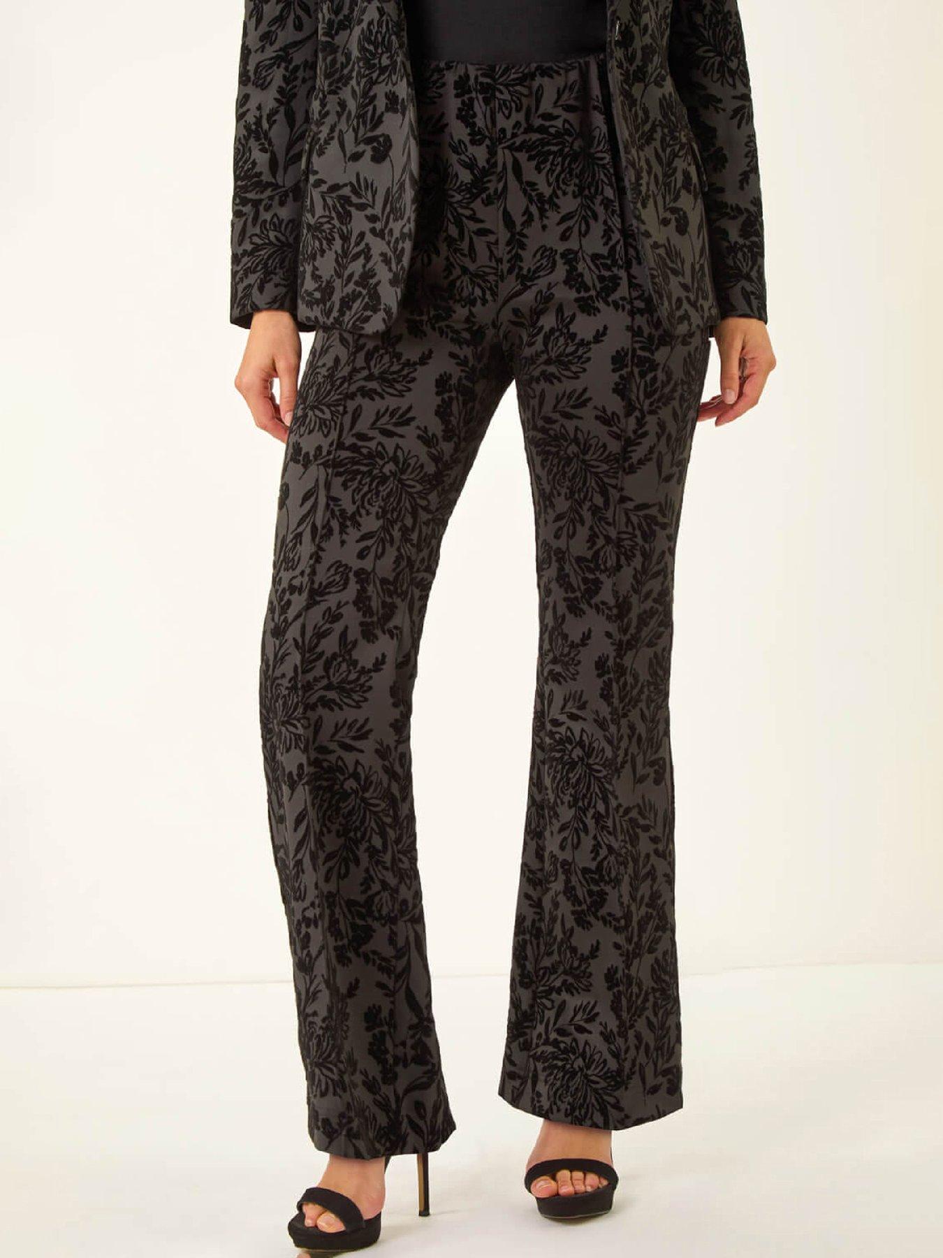 Roman Dusk Floral Flocked Premium Stretch Trousers - Black