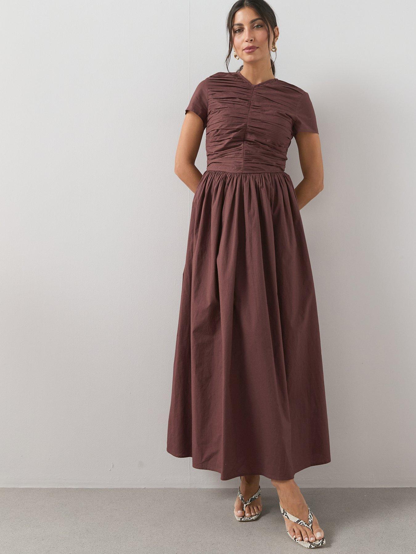 The Very Collection Short Sleeve Cotton Ruched Midaxi Dress - Brown