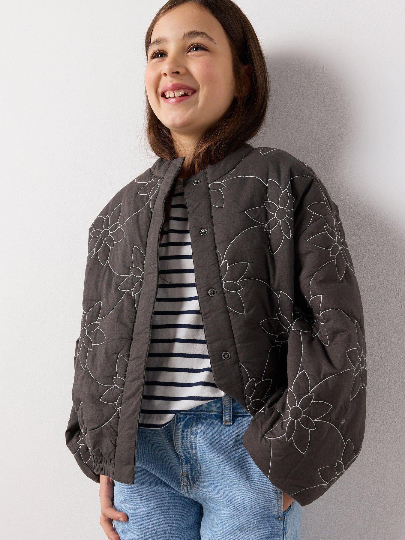 Image 1 of 7 of Mango Girls Flower Embroidered Jacket - Dark Grey