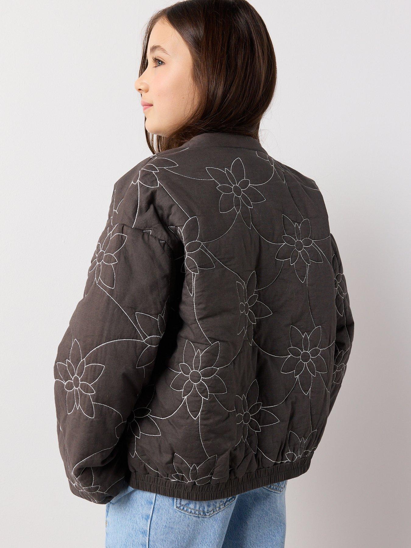 Image 2 of 7 of Mango Girls Flower Embroidered Jacket - Dark Grey