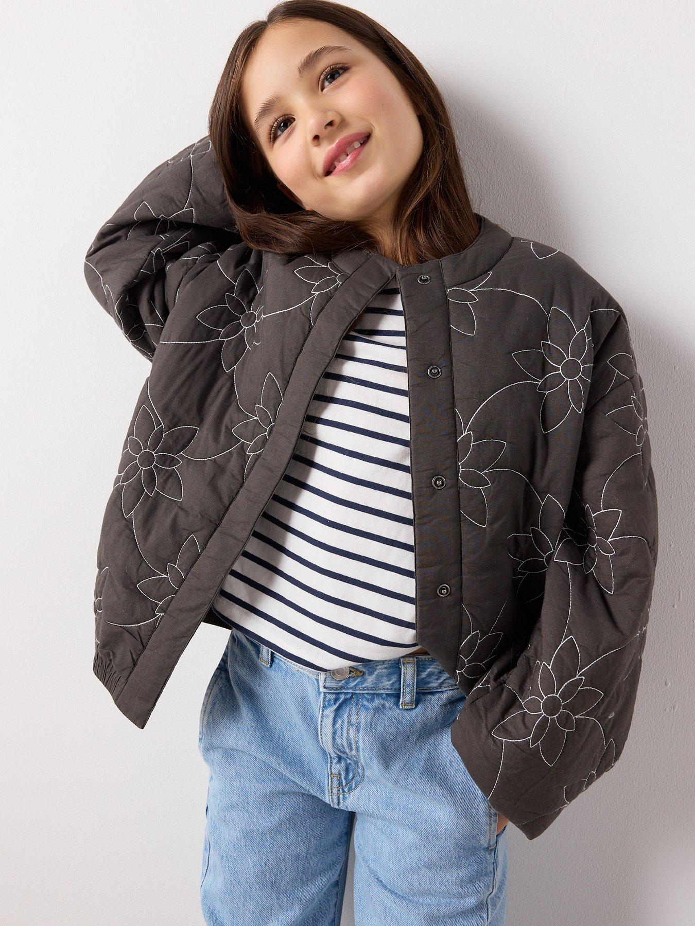 Image 4 of 7 of Mango Girls Flower Embroidered Jacket - Dark Grey