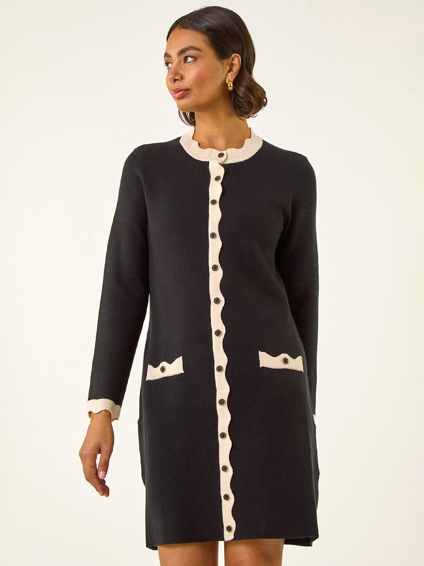 Roman Scalloped Button Through Knit Dress - Black