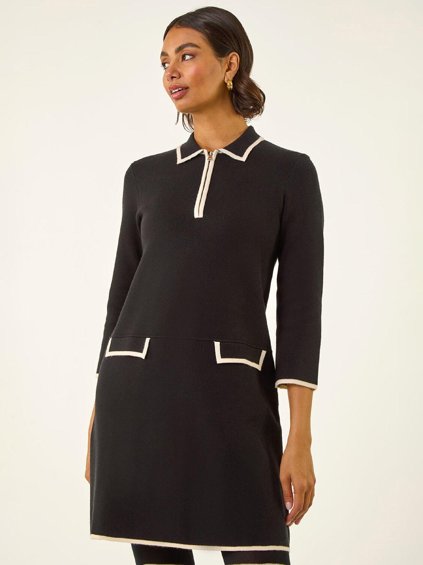 Roman Contrast Zip Collared Knit Dress - Black
