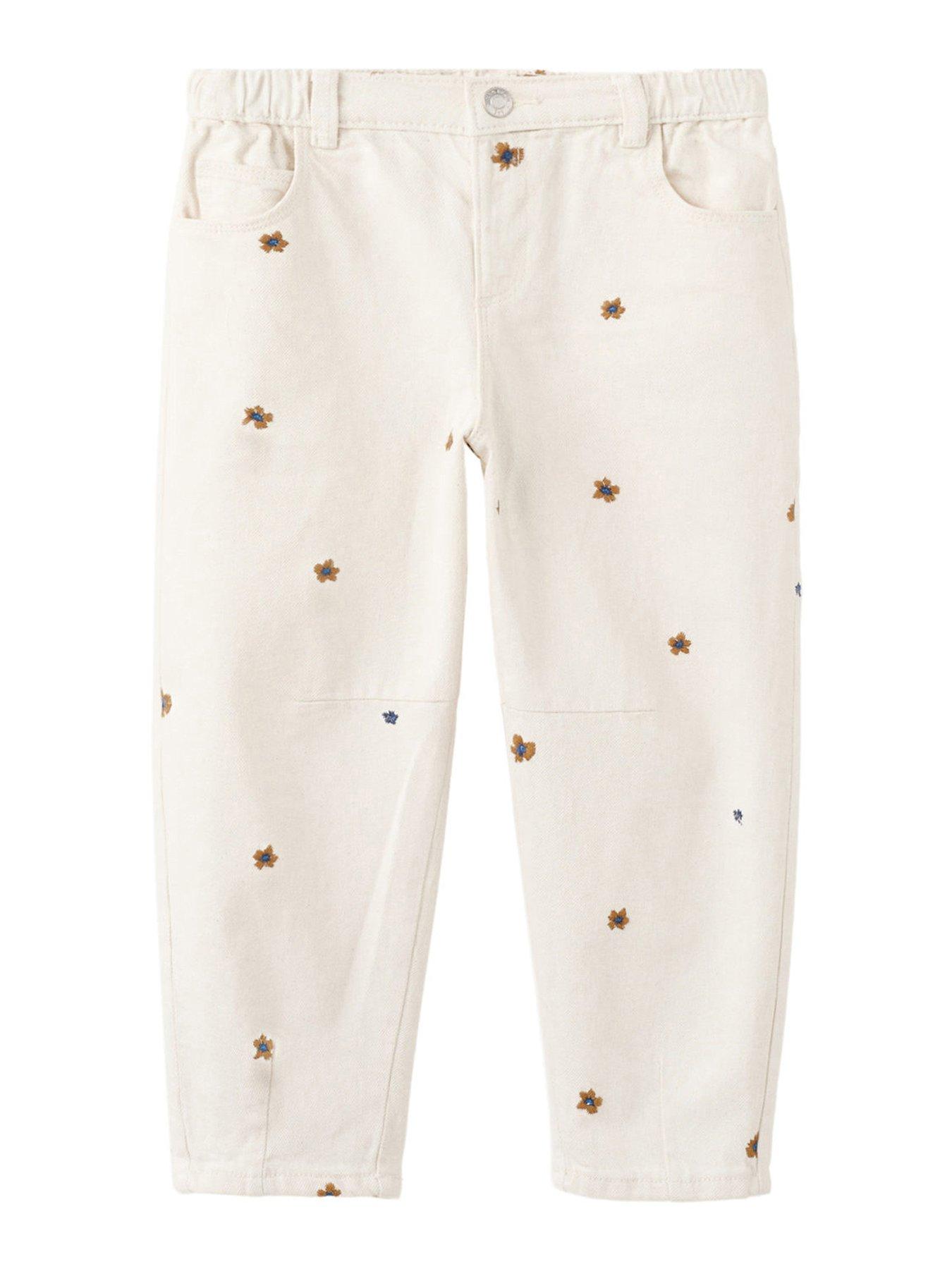 Mango Younger Girls Daisy Embroidered Paper Bag Waist Jeans - Cream