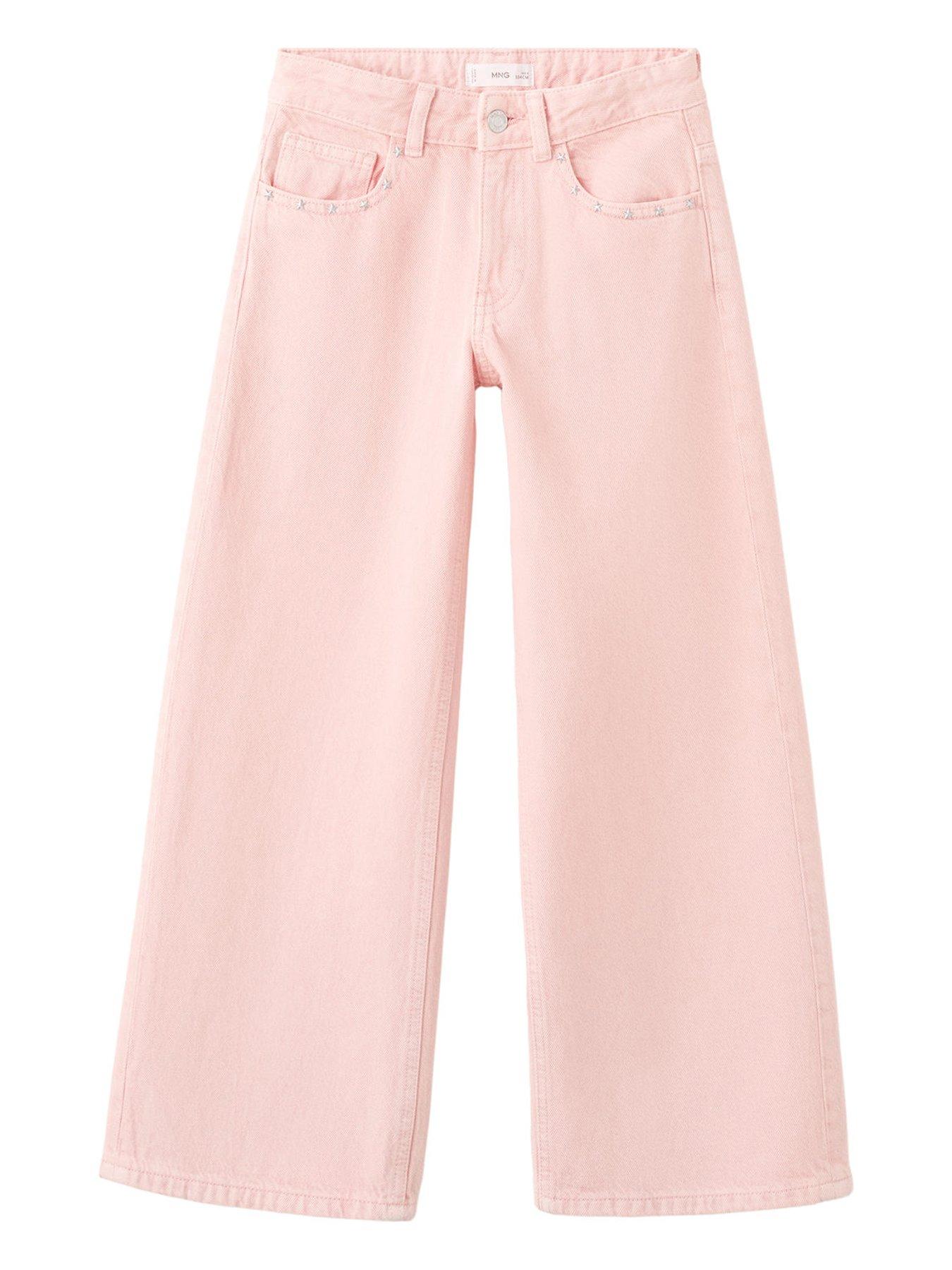 Image 1 of 4 of Mango Girls Star Studded Wide Leg Jeans - Pink