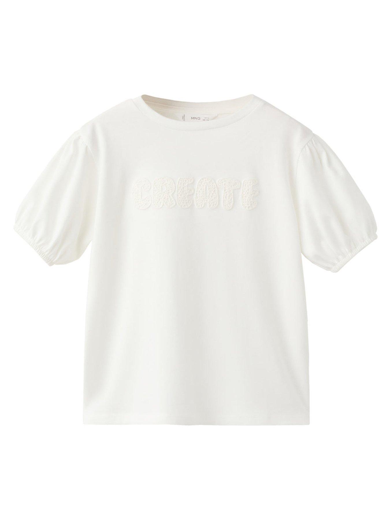 Mango Girls Create Puff Sleeve Short Sleeve T-shirt - Light Cream