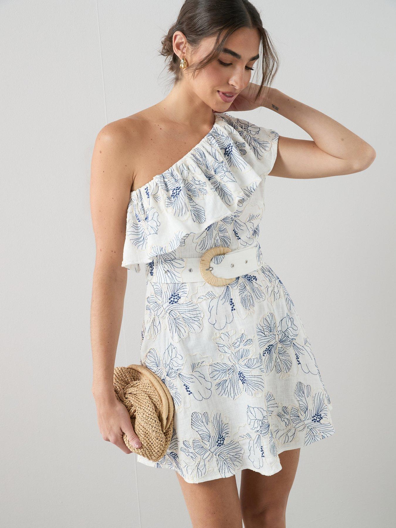 Image 4 of 6 of The Very Collection Broderie One Shoulder Belted Mini Dress - Off White