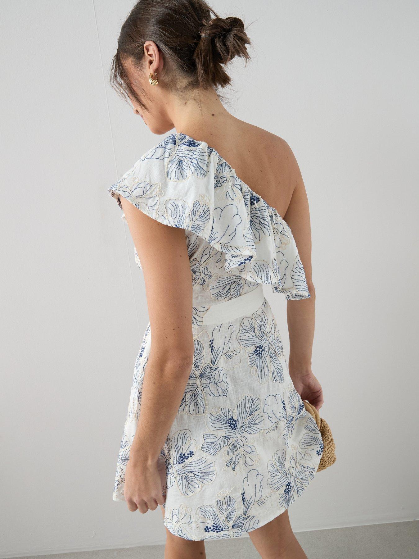 Image 6 of 6 of The Very Collection Broderie One Shoulder Belted Mini Dress - Off White