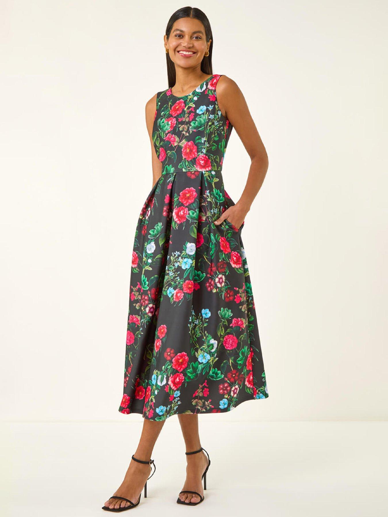 Roman Floral Print Premium Stretch Midi Dress - Black